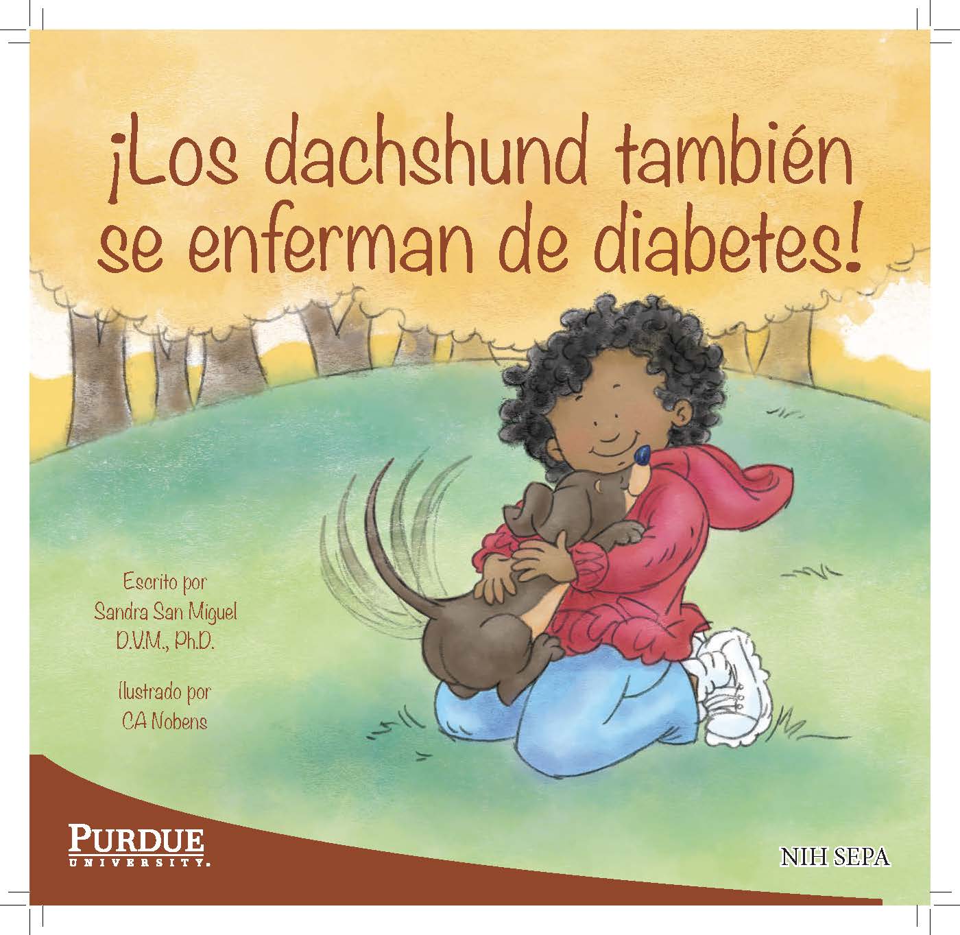 A kid cuddles a happy dachshund while sitting together in a grassy park.