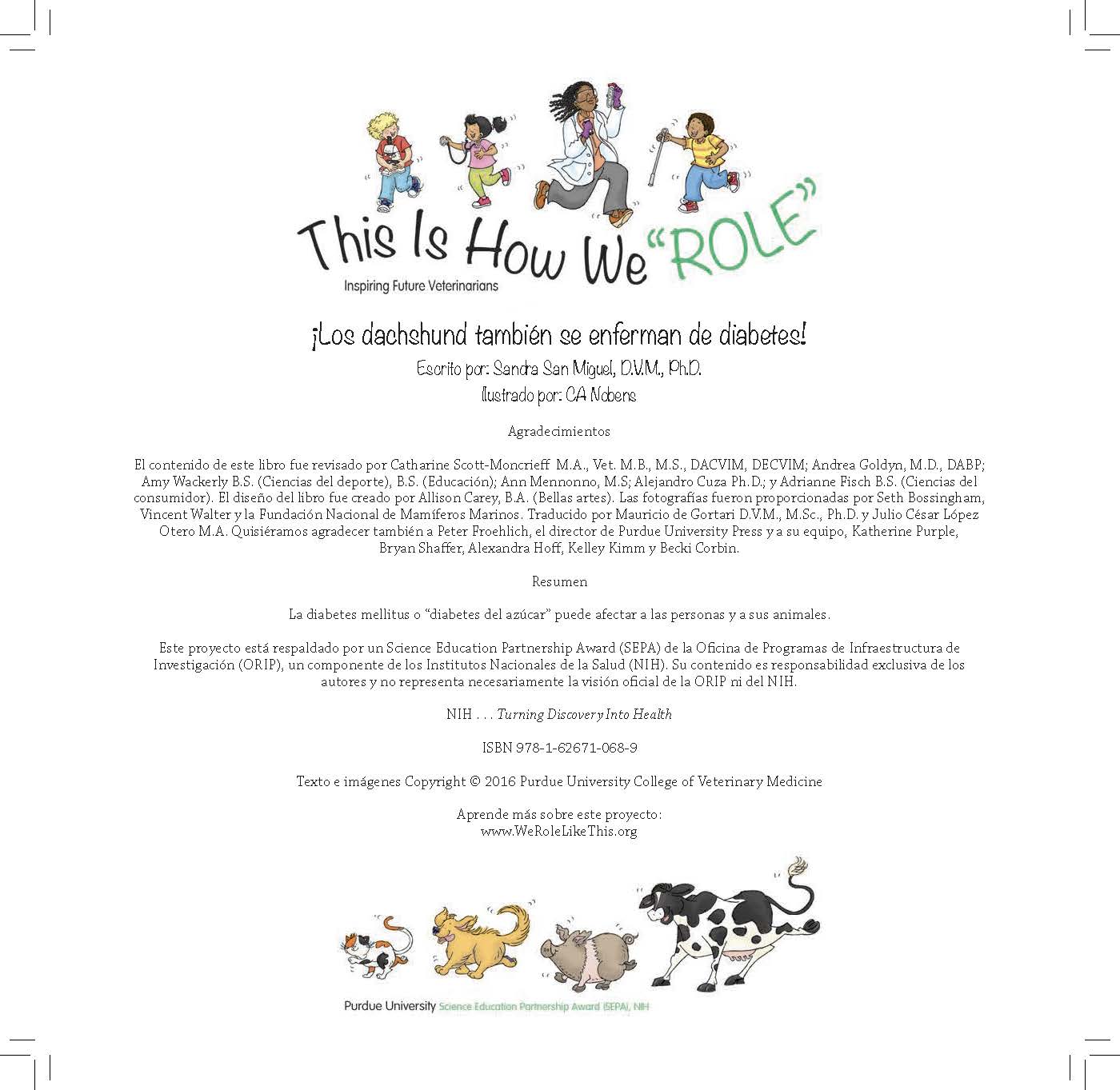 Text lists the book’s authors, acknowledgments, and a summary explaining that people and animals can both develop diabetes.