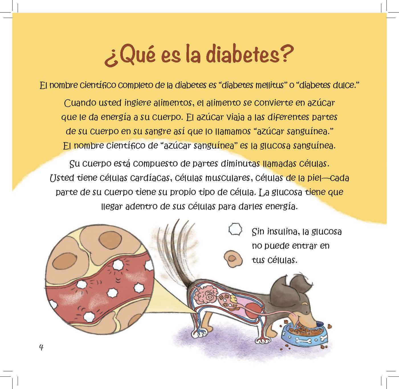 A diagram shows glucose being blocked from entering cells, alongside a dachshund with a magnified view of its cells.