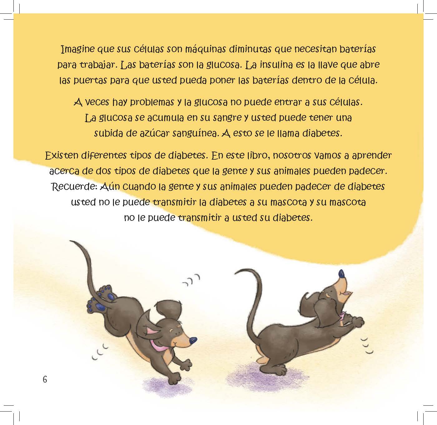 Two dachshunds run and play under text comparing cells to machines that need insulin to let glucose in.