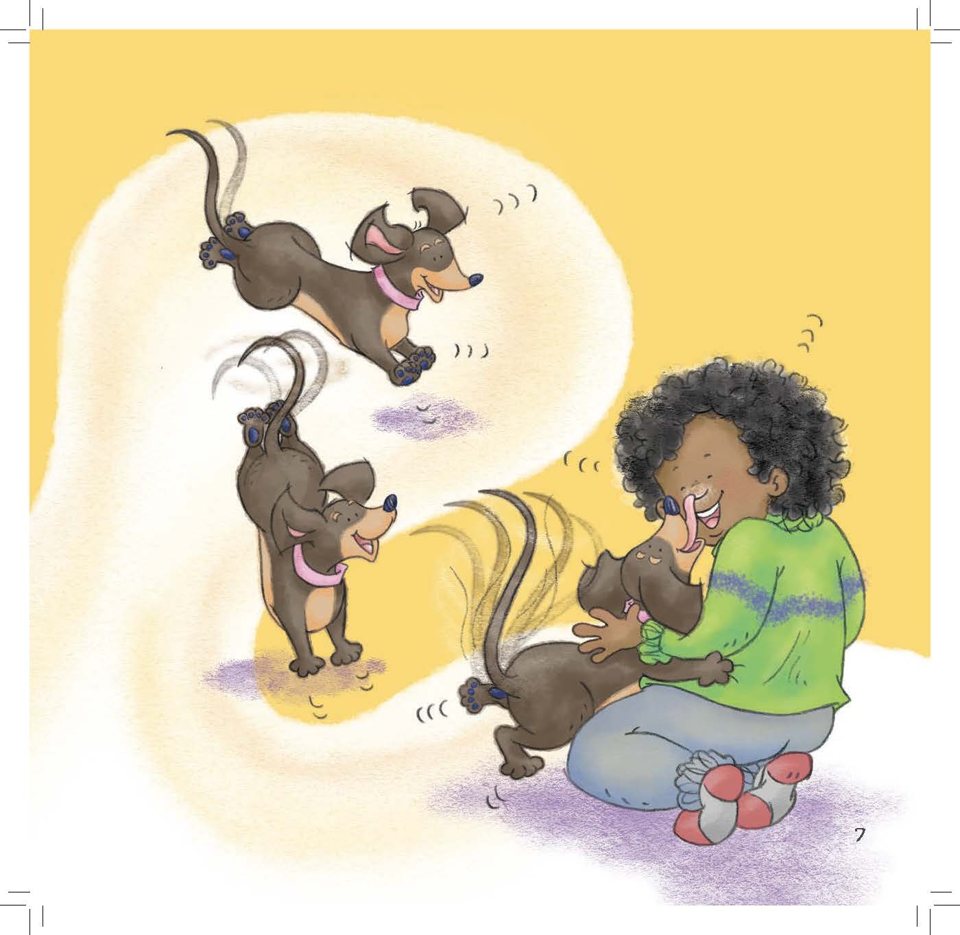 A girl plays on the floor with her dachshund rolling happily beside her.