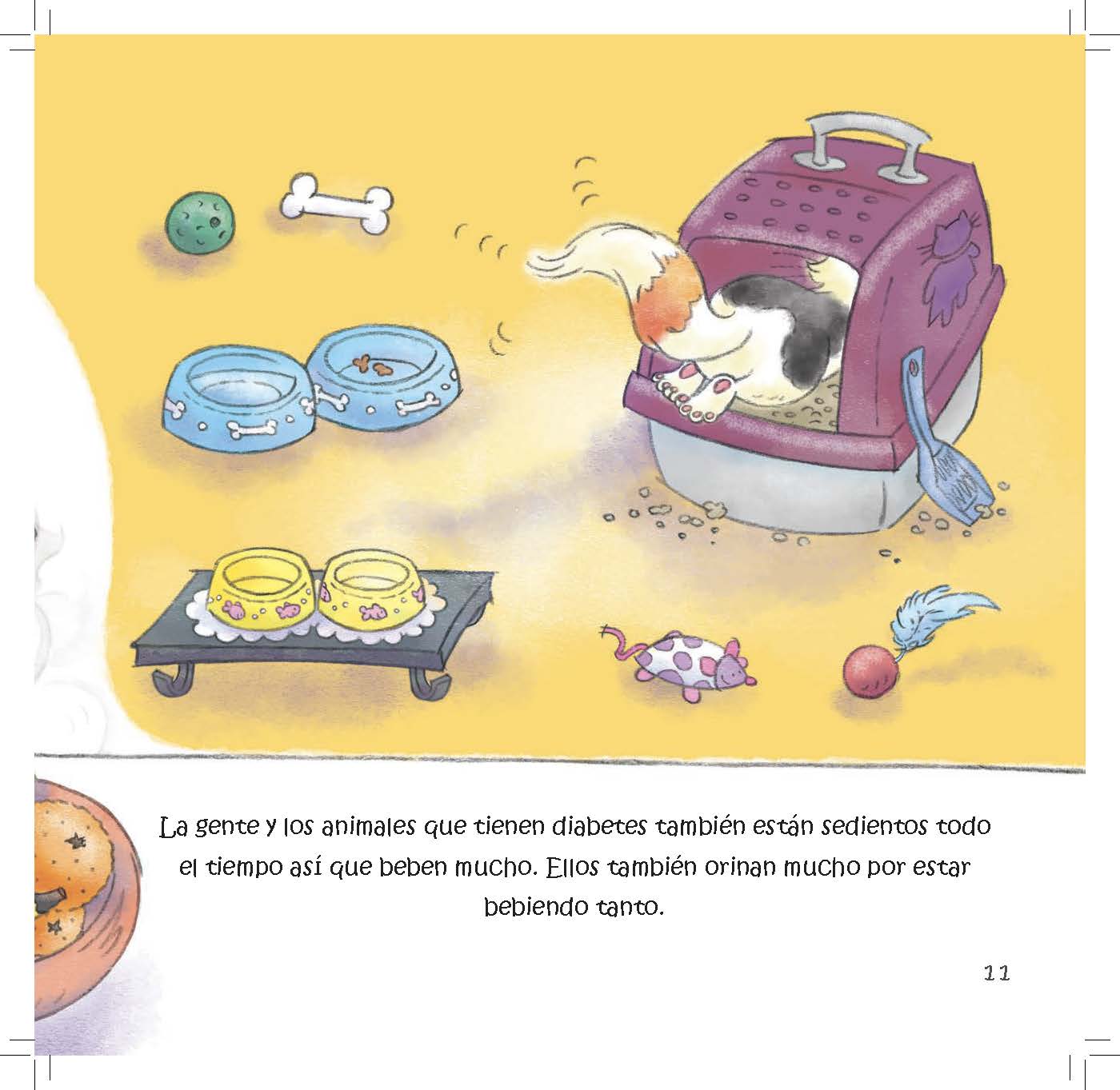 A cat drinks from water bowls and uses a litter box while surrounded by pet toys.