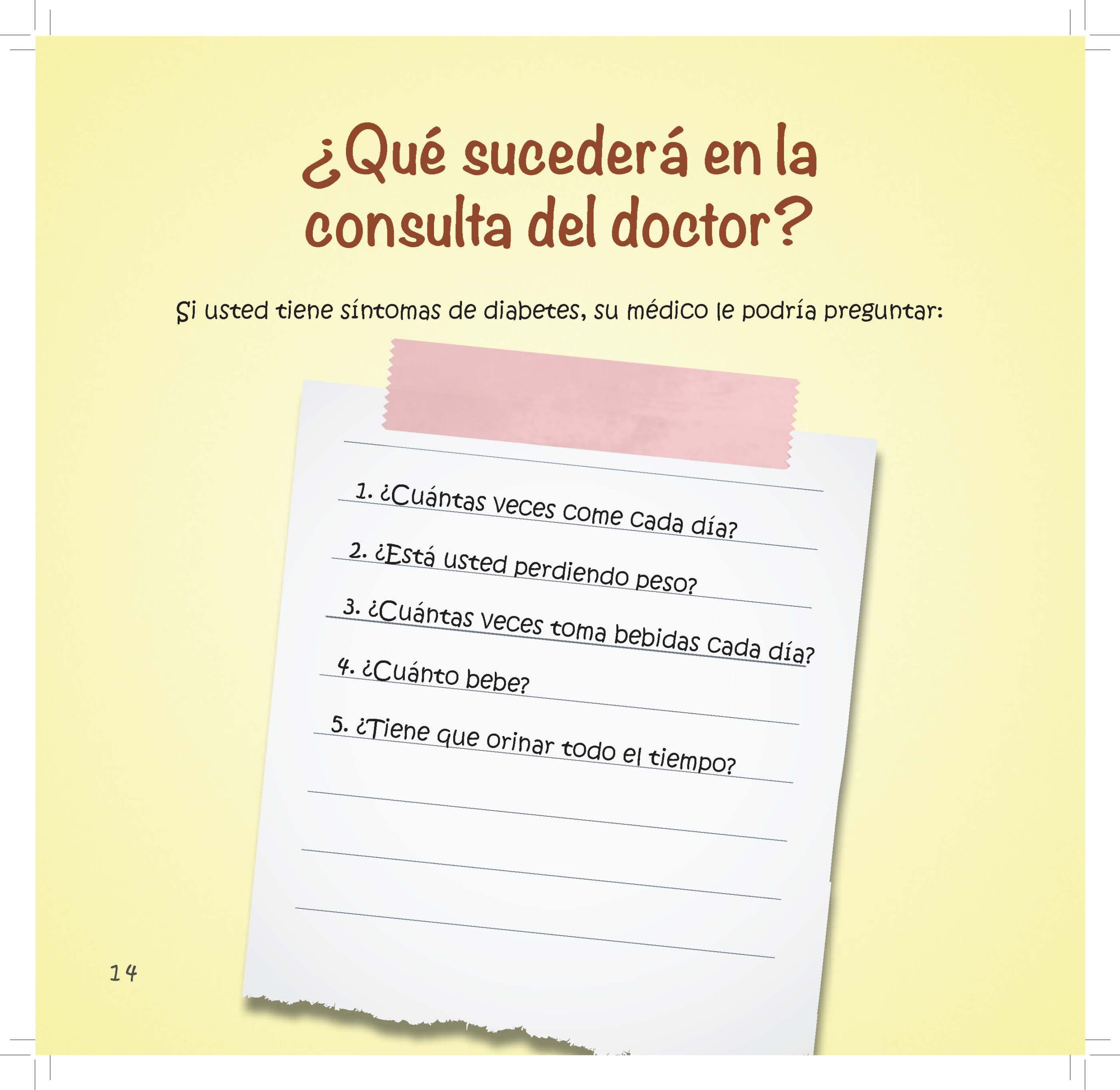 A notepad lists questions about eating, drinking, and urinating habits for diagnosing diabetes.
