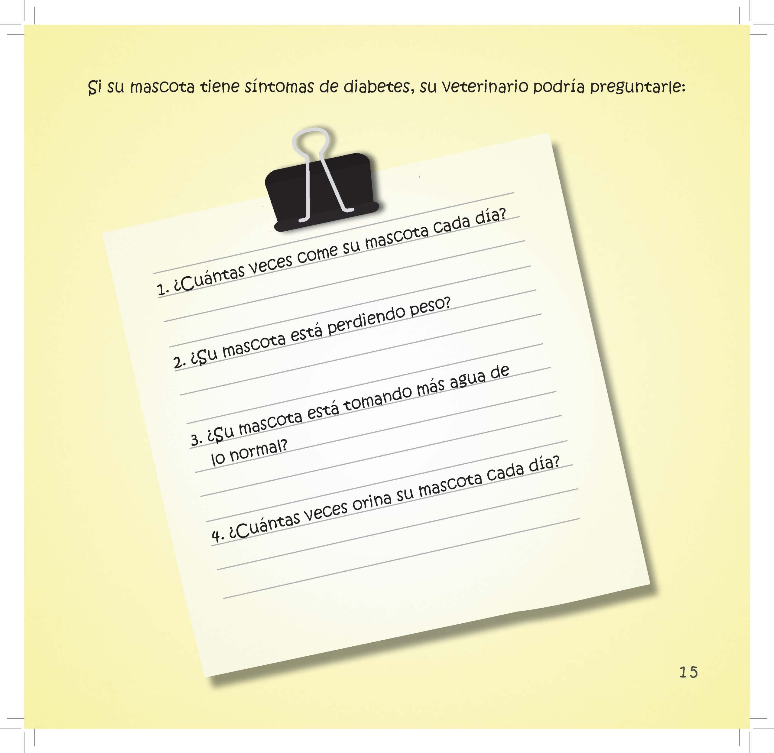 A paper note clipped to a board lists similar questions about a pet's eating, drinking, and urinating habits.