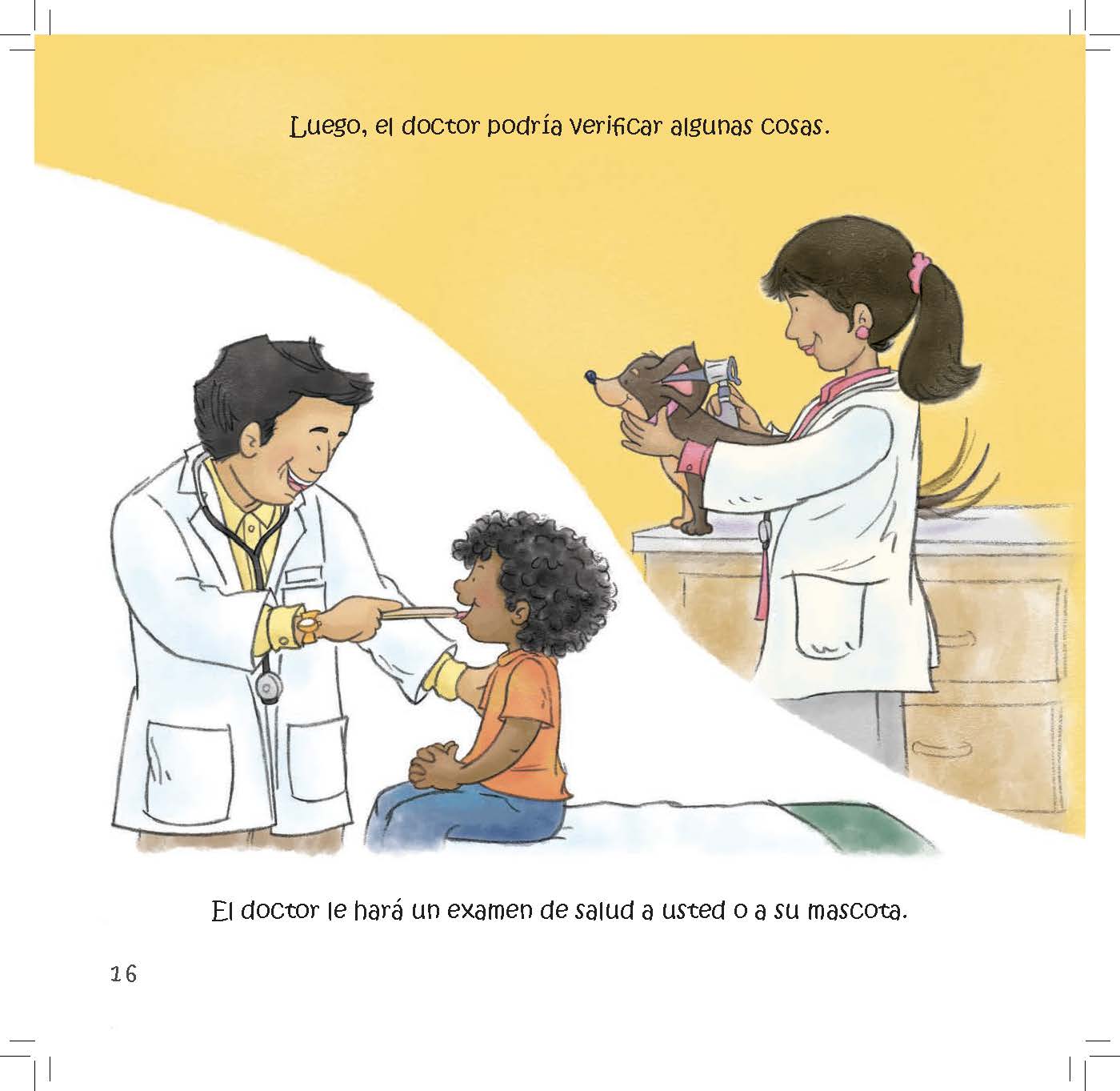 A doctor checks a child with a tongue depressor while a veterinarian examines a dachshund on a counter.