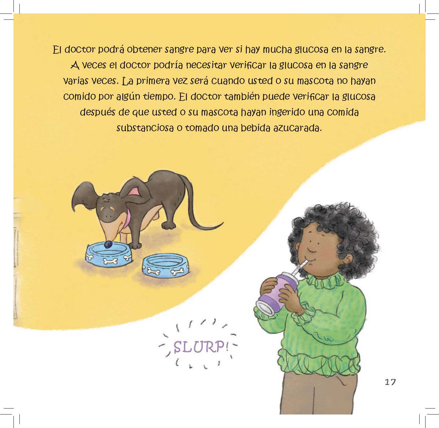 A dachshund drinks water while a child drinks a sugary drink as text explains testing glucose before and after eating.