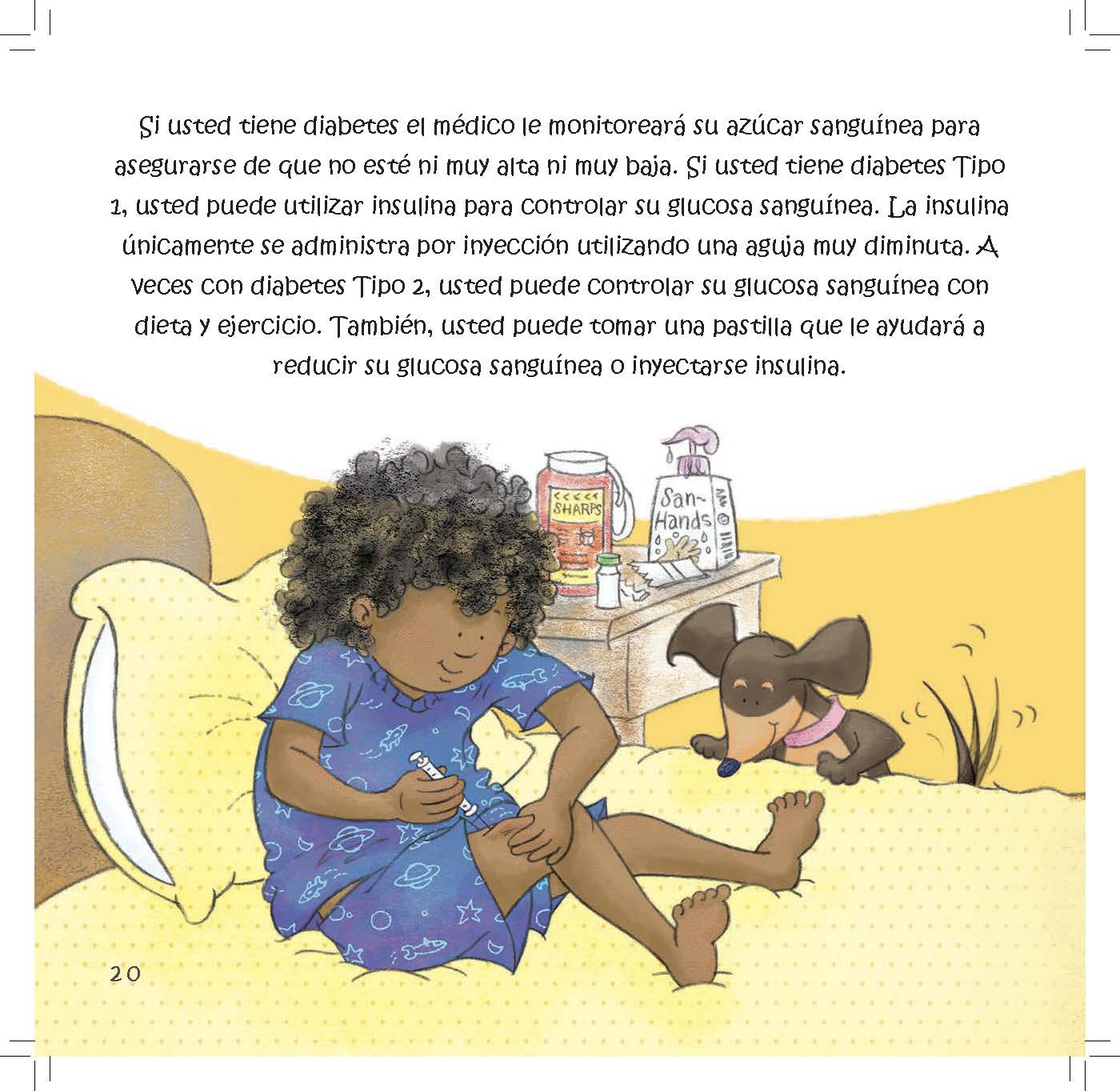 A girl checks her blood sugar while her dachshund eats nearby.