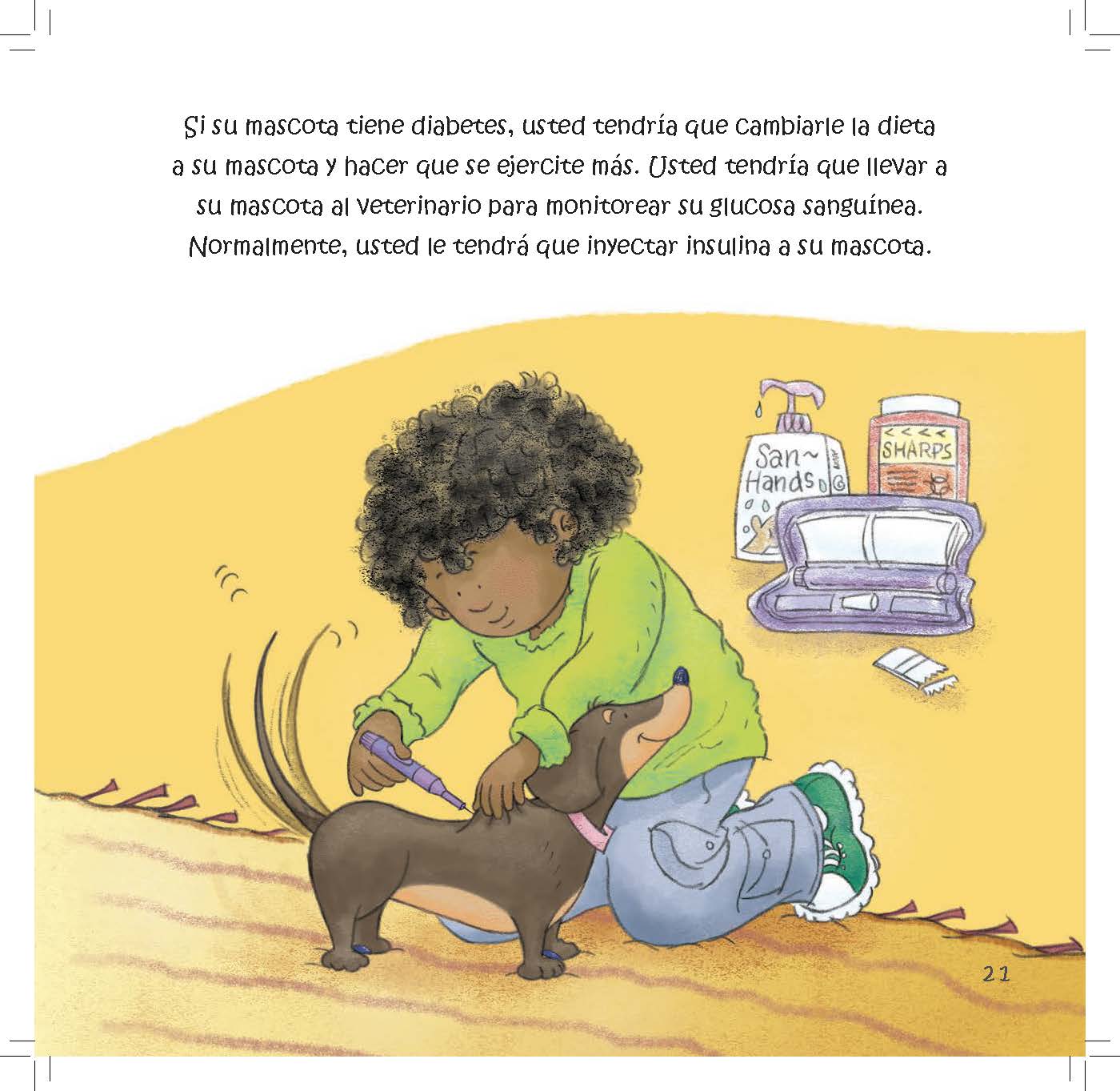 A girl prepares insulin for her dachshund while sitting near pet supplies.