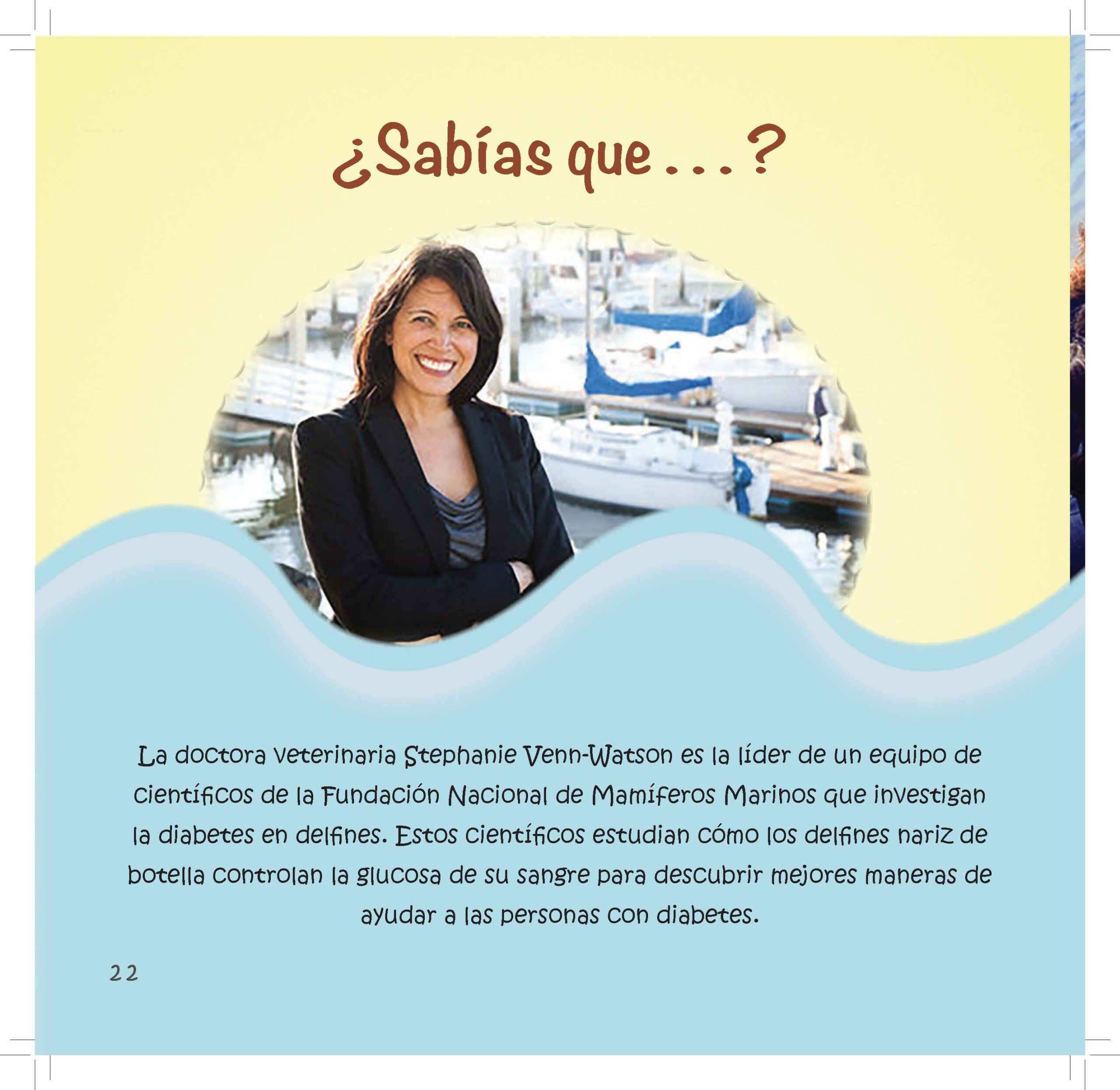 A veterinary researcher stands in front of a marina as text describes diabetes research with dolphins.