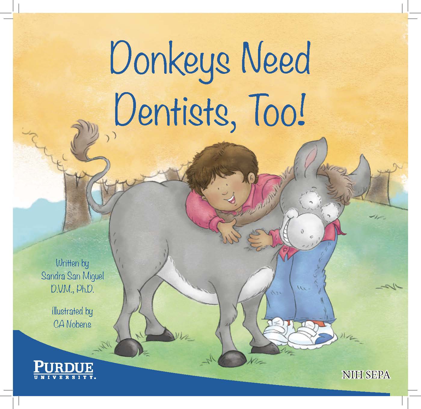 A child hugs a friendly donkey while smiling in a grassy outdoor setting.