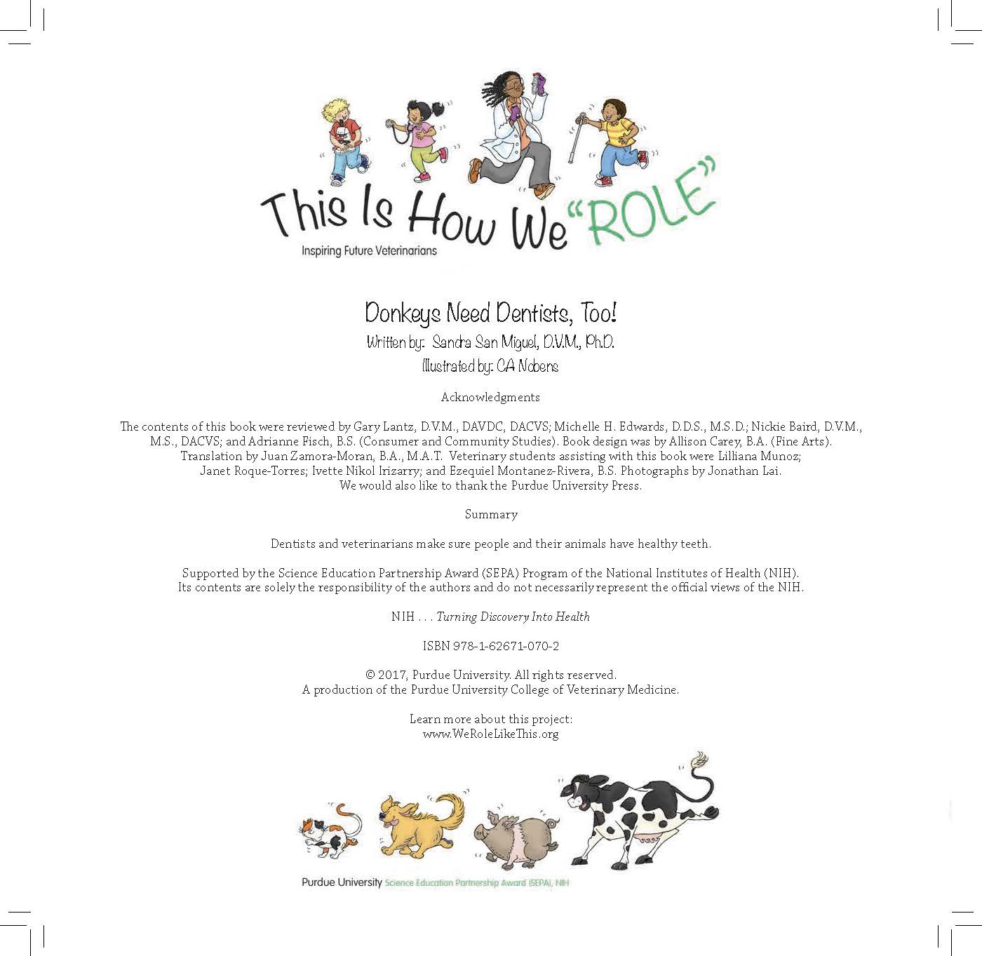 Text lists the book’s authors, acknowledgments, and a summary explaining that dentists and veterinarians keep people and animals’ teeth healthy.