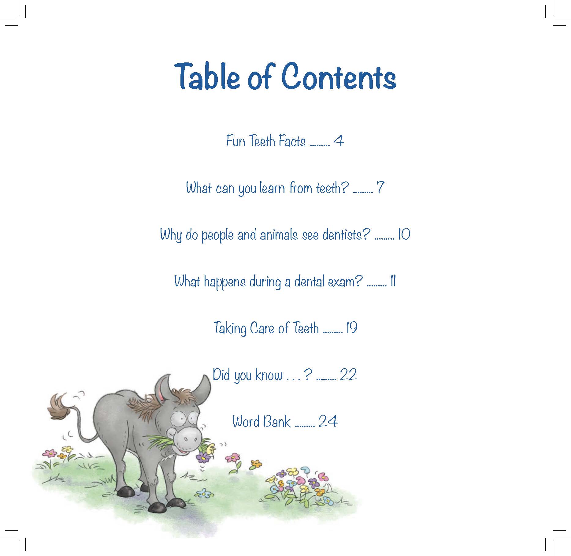 A donkey stands in a flower patch next to a table of contents listing dental topics.