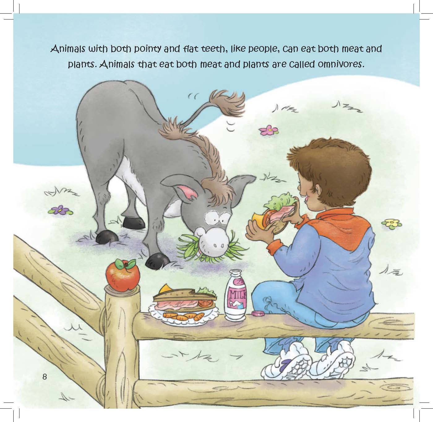 A boy and a donkey both eat a mix of foods to show how omnivores use different types of teeth.