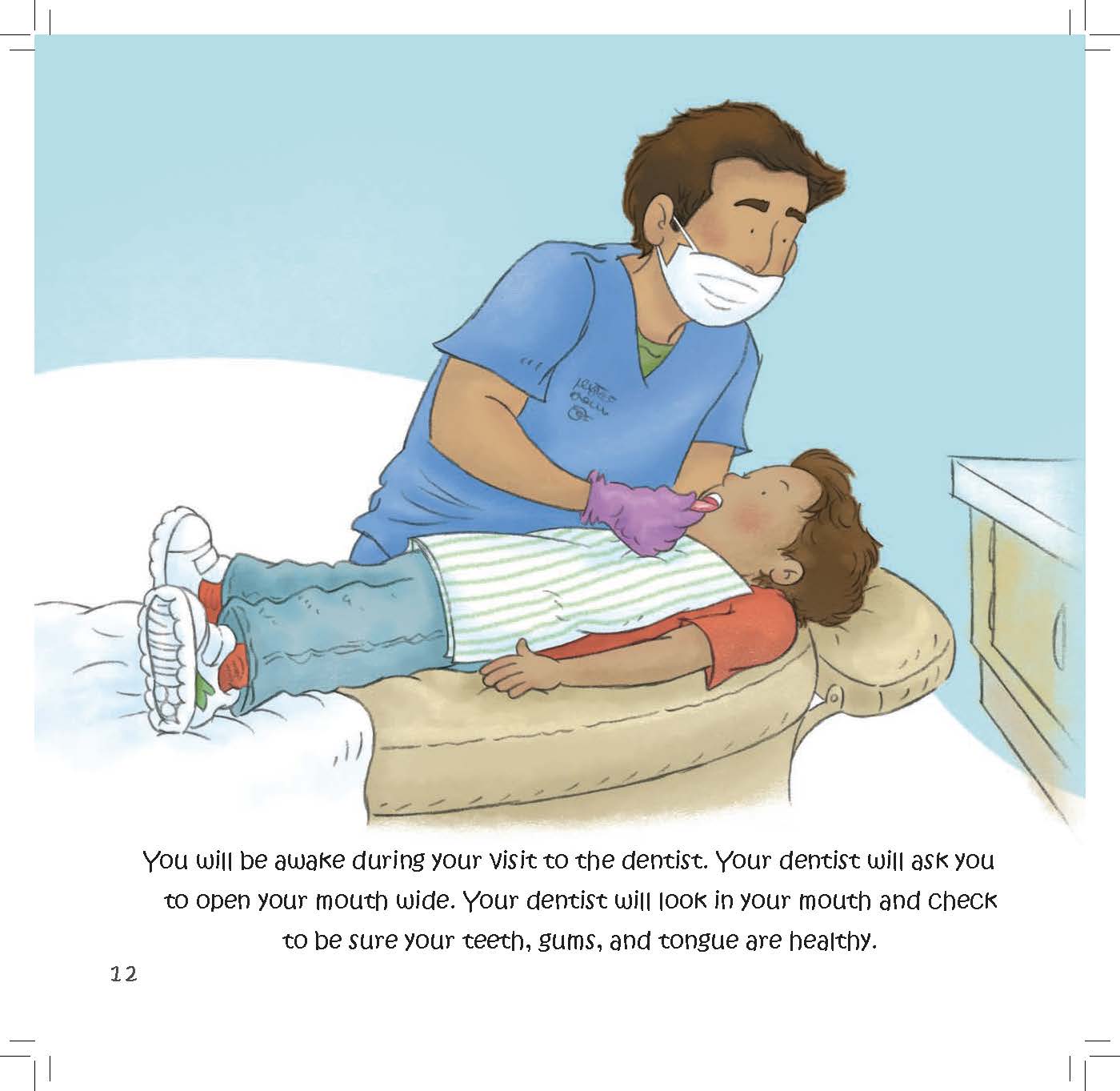 A dentist checks a child’s teeth while the child lies back in a dental chair.