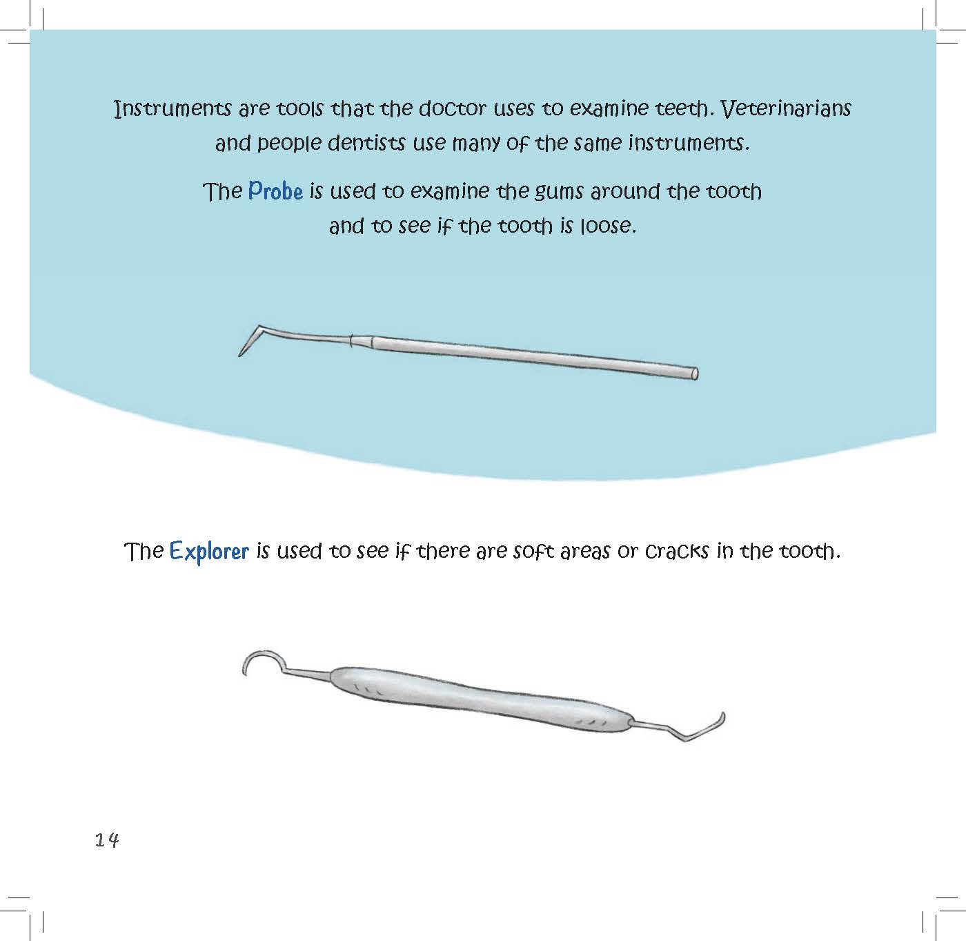 Illustrations show dental tools used by dentists and veterinarians to check gums and tooth surfaces.