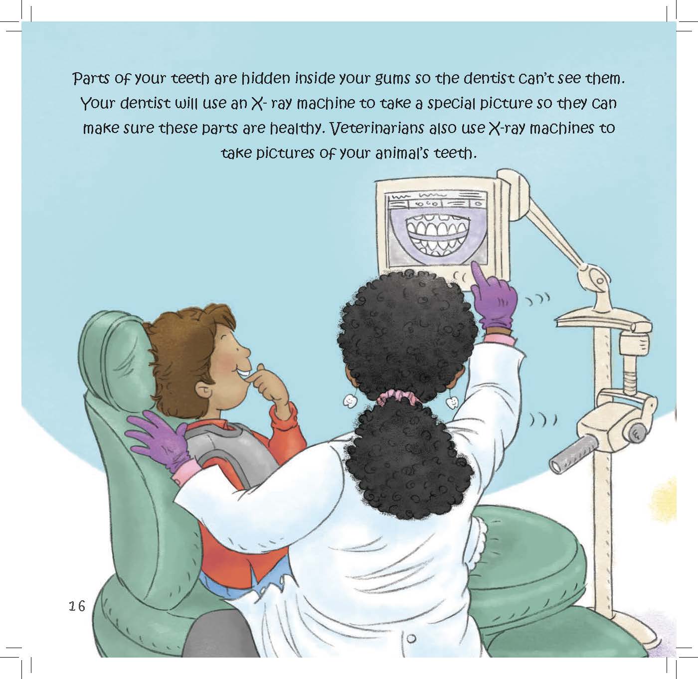 A dentist uses an X-ray machine to take pictures of hidden parts of a child’s teeth.