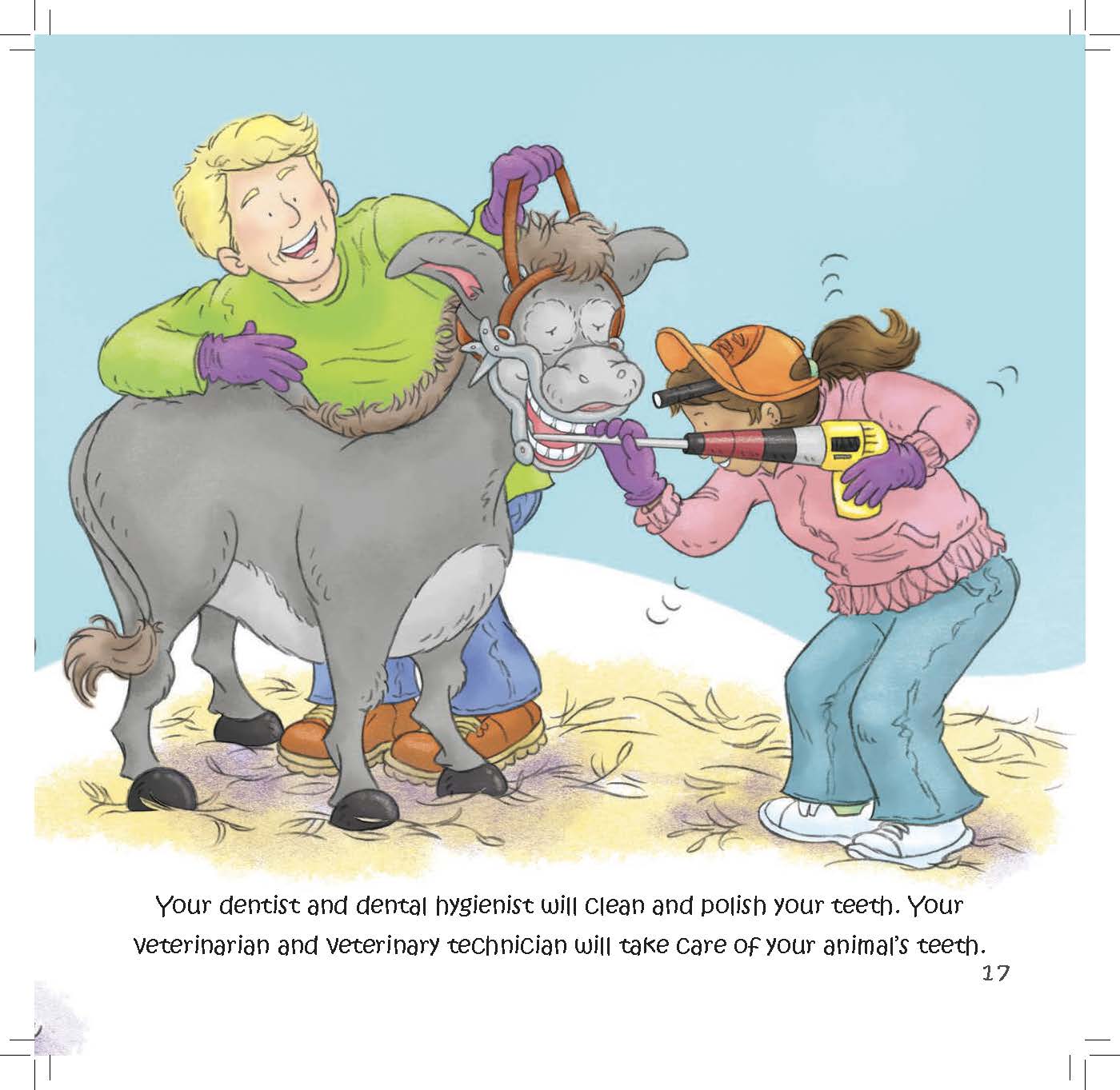 A veterinarian and technician clean a donkey’s teeth while a hygienist cleans a child’s teeth.