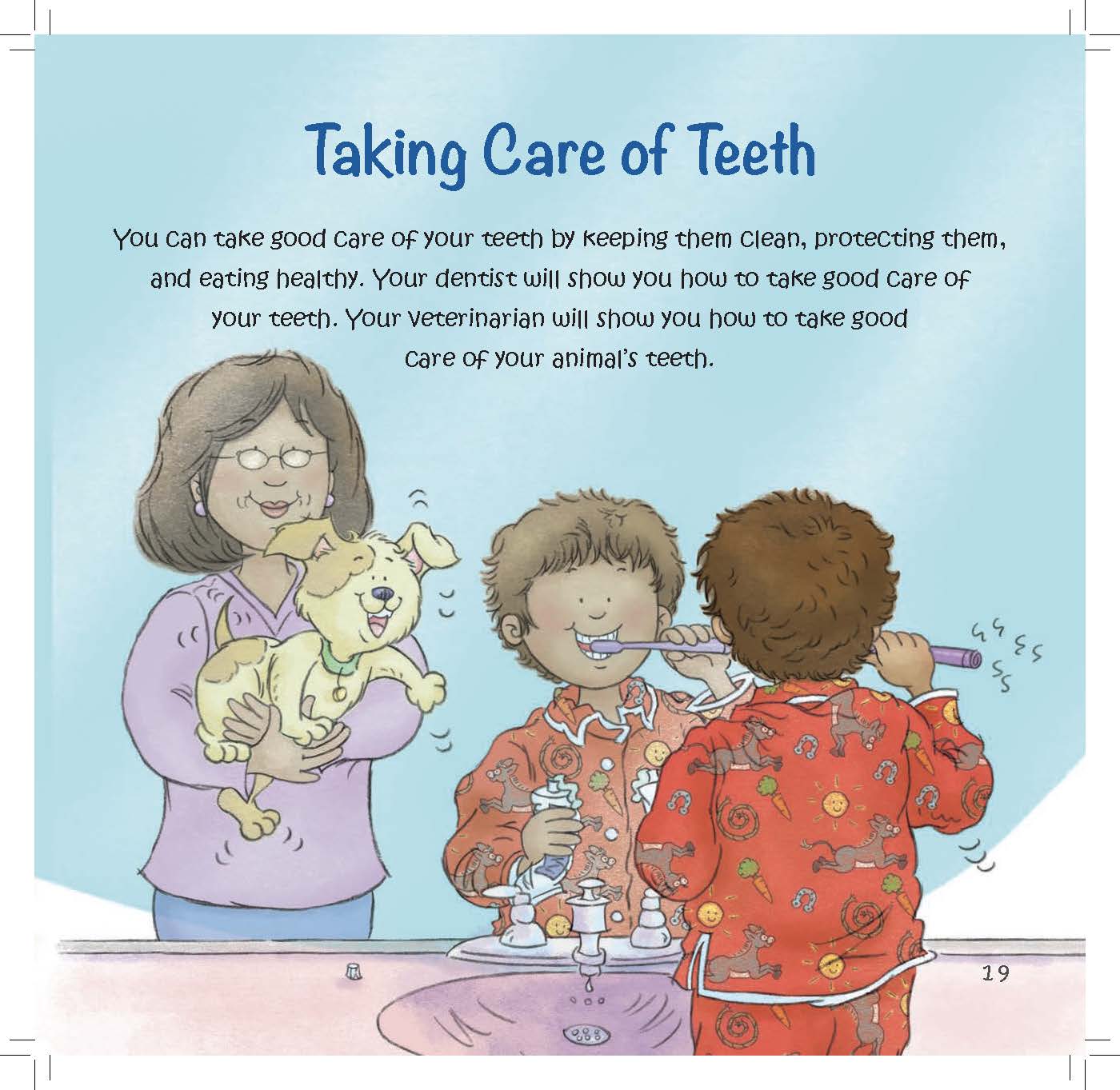 A family brushes their teeth while learning how to keep both their own and their pets’ teeth healthy.