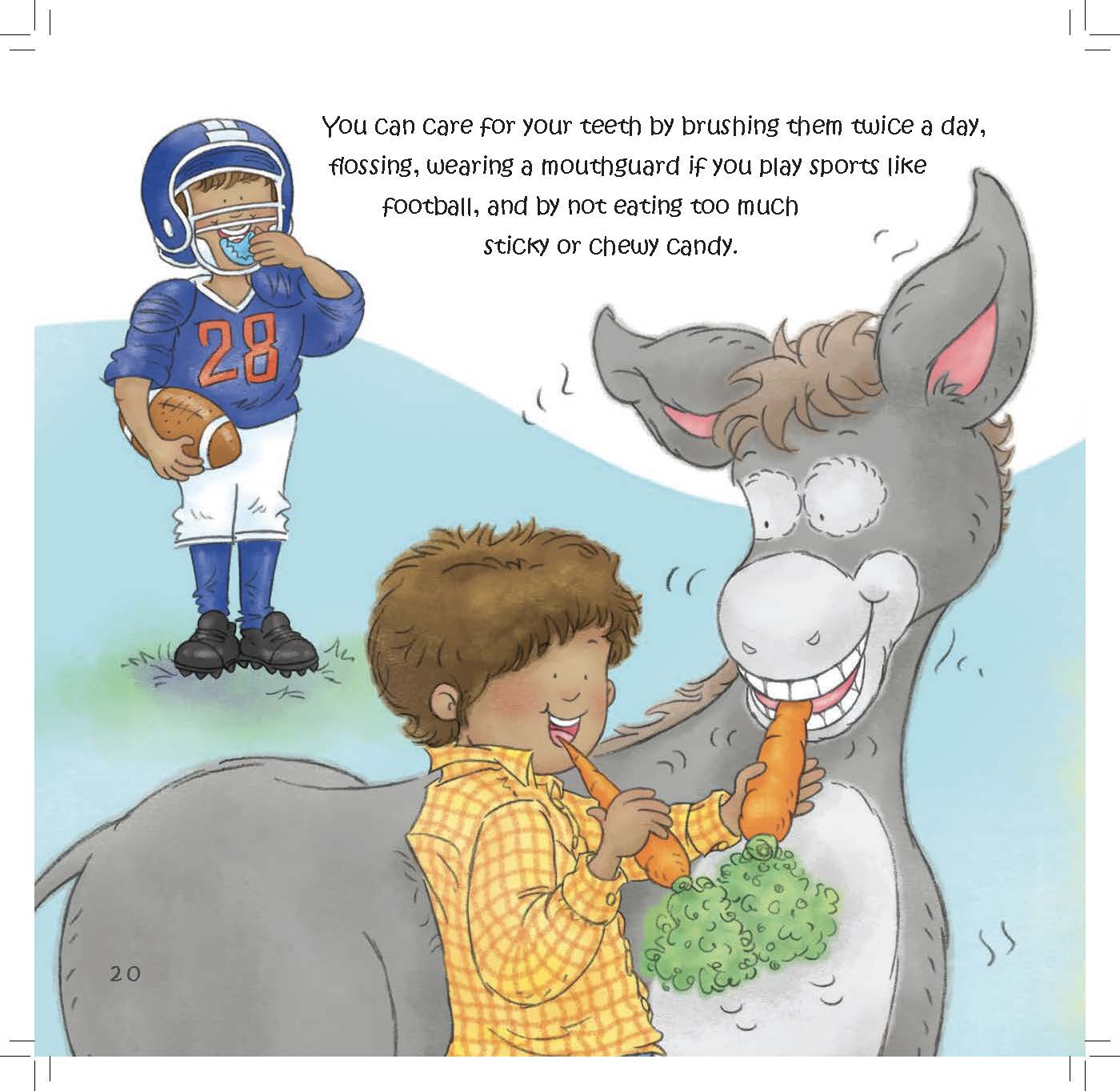 A boy feeds a donkey vegetables while another child wears a sports mouthguard to protect teeth.