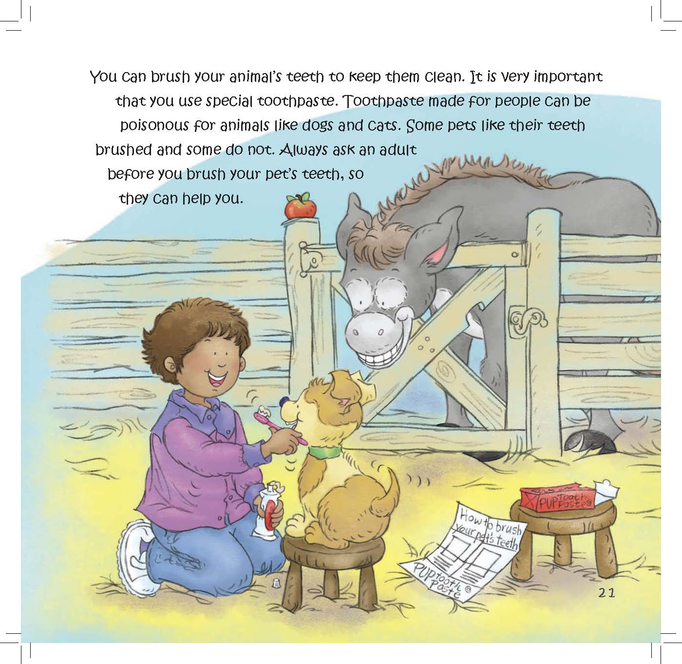 A child brushes a dog’s teeth using animal-safe toothpaste while a donkey watches.