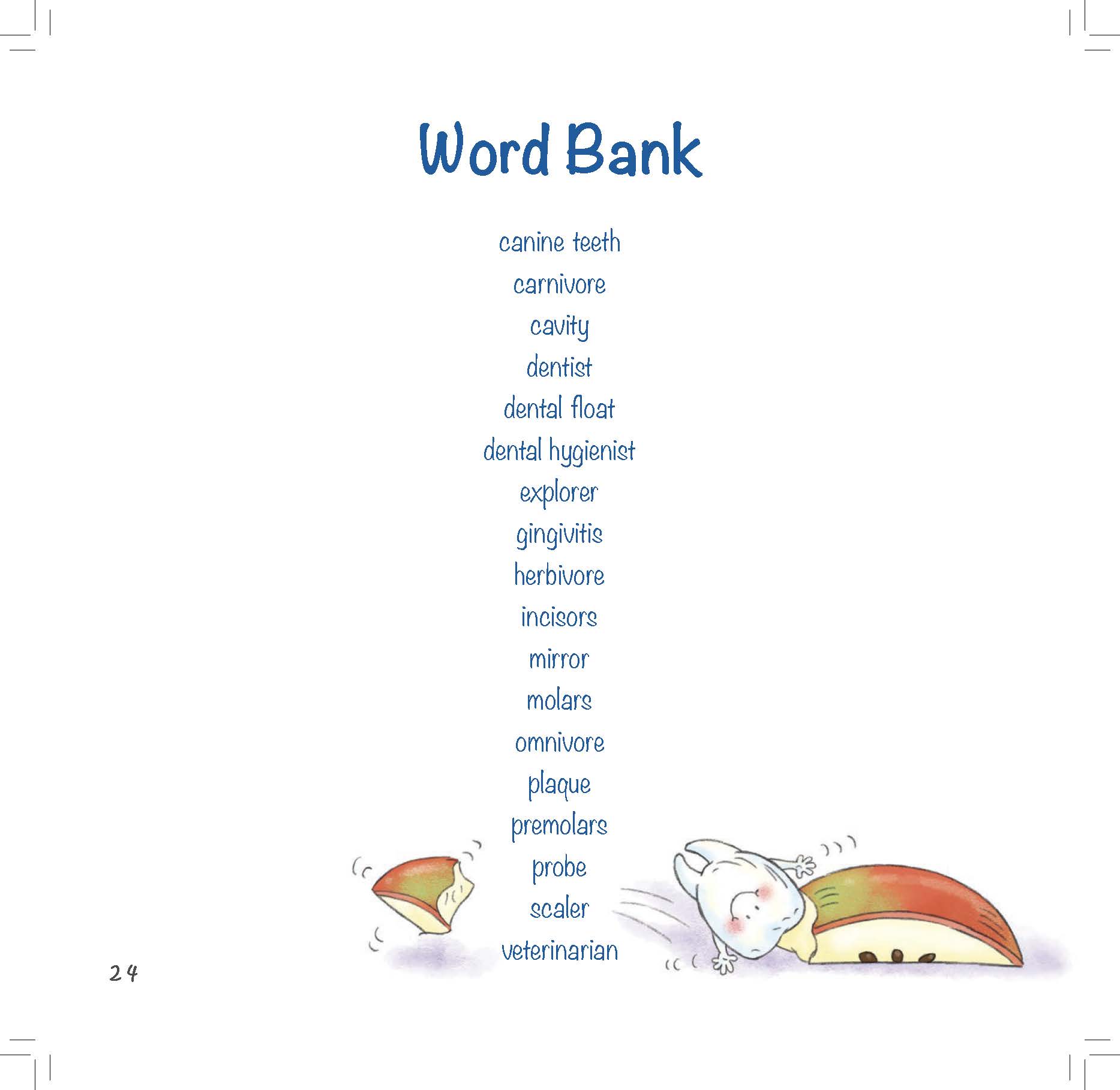 A glossary of dental vocabulary appears beside a cartoon tooth chewing food.