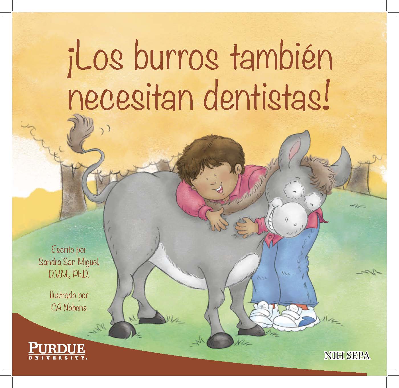 A child hugs a friendly donkey while smiling in a grassy outdoor setting.