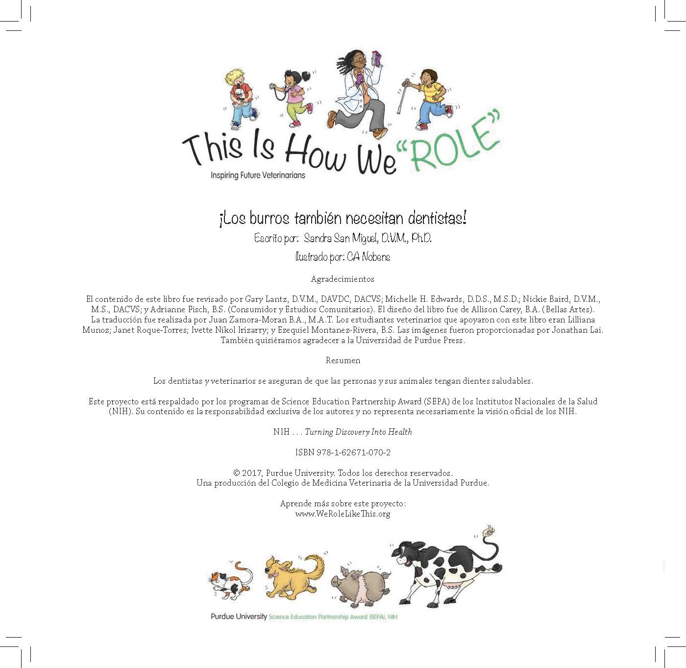 Text lists the book’s authors, acknowledgments, and a summary explaining that dentists and veterinarians keep people and animals’ teeth healthy.