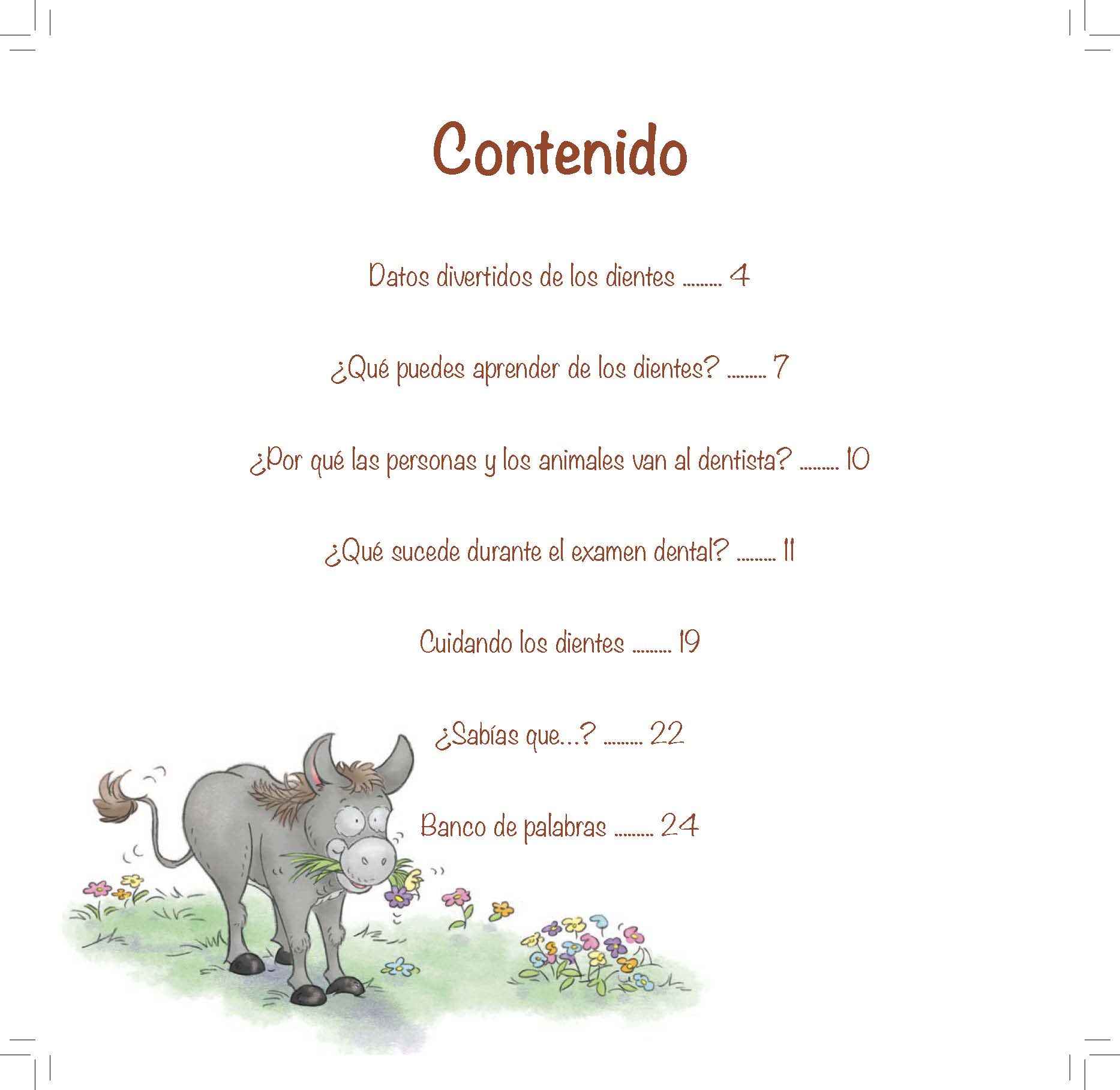 A donkey stands in a flower patch next to a table of contents listing dental topics.