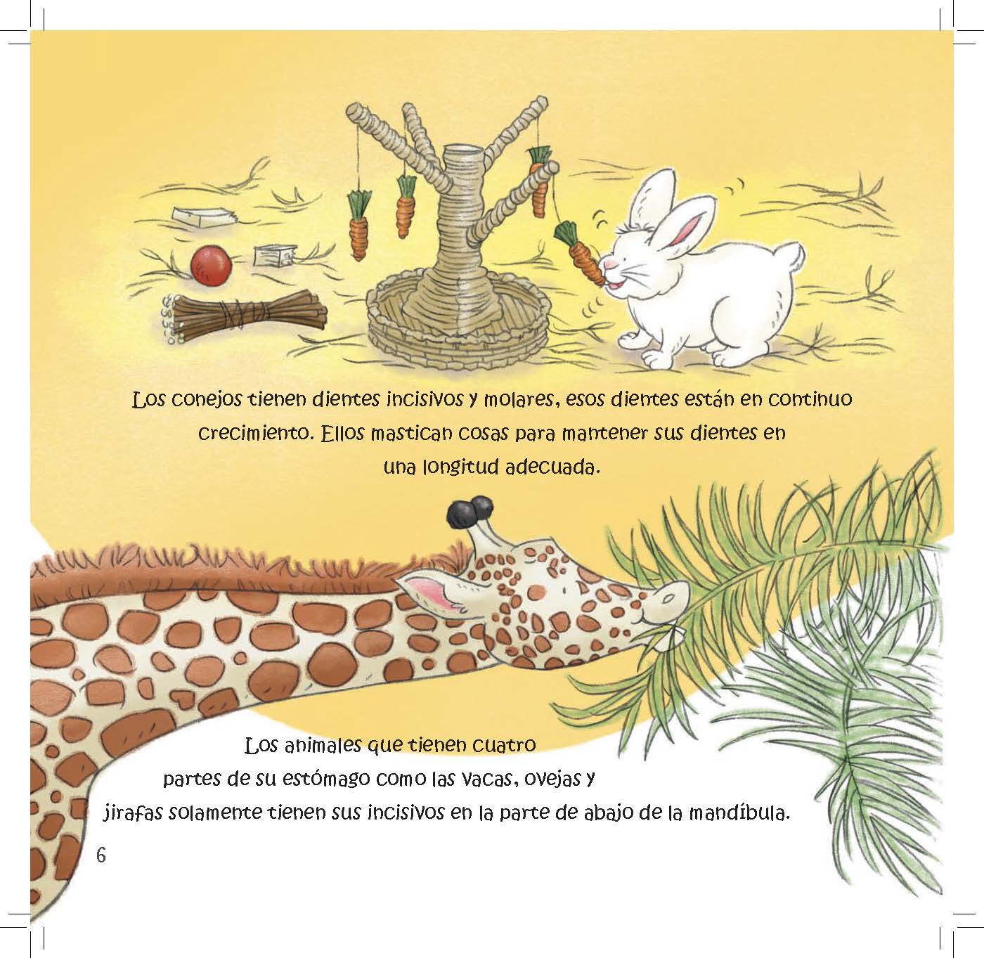 A rabbit gnaws on objects while a cow and giraffe show how some animals have continuously growing teeth or unusual tooth arrangements.