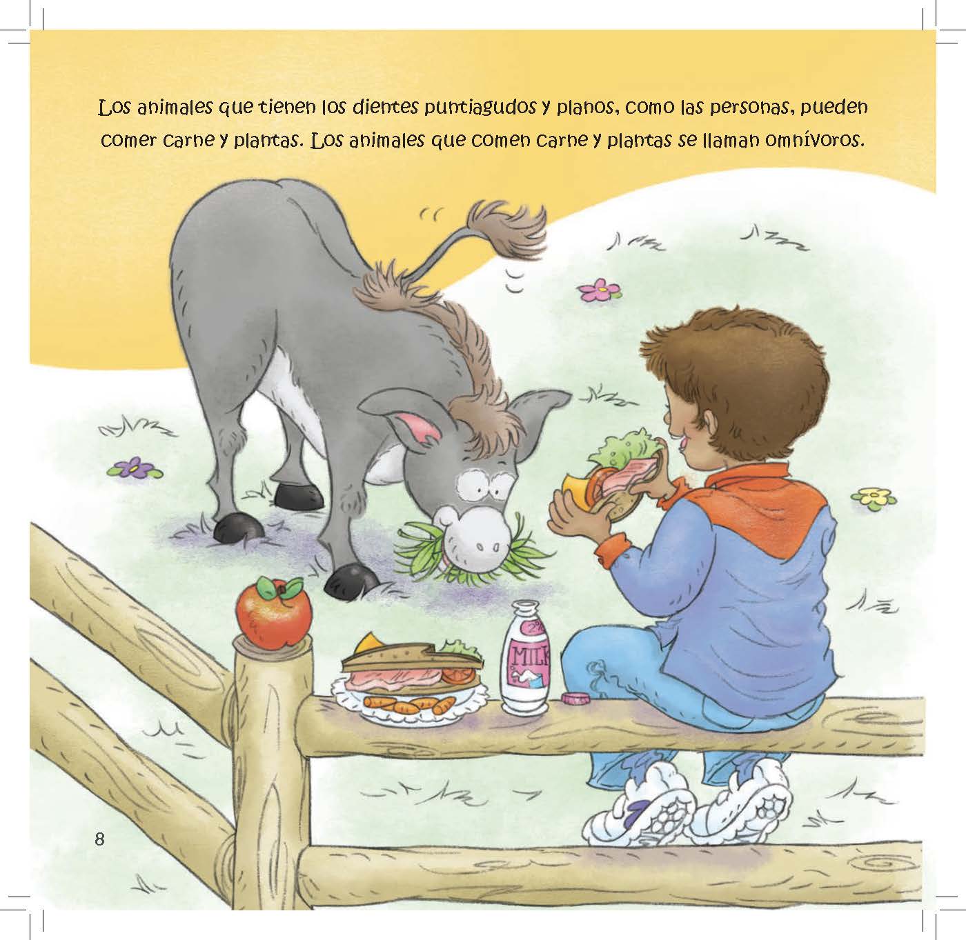 A boy and a donkey both eat a mix of foods to show how omnivores use different types of teeth.