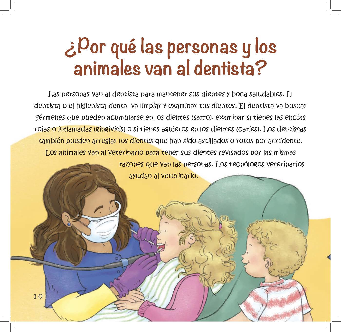 A dentist examines a child’s teeth while text explains checking for plaque, gingivitis, and cavities.