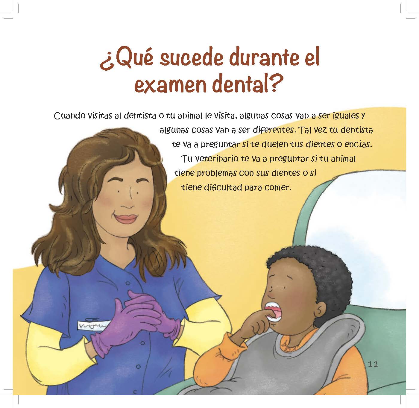A dentist asks a child about mouth pain while a veterinarian considers similar questions for animals.