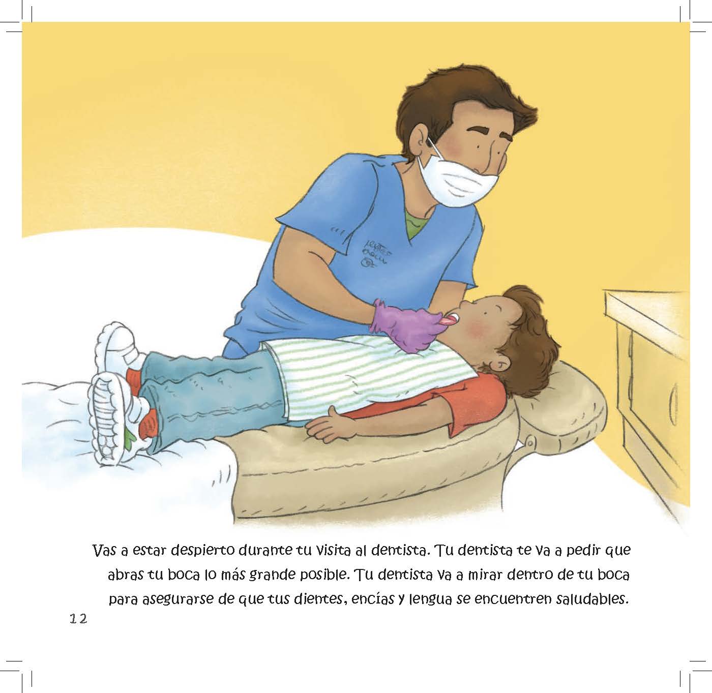 A dentist checks a child’s teeth while the child lies back in a dental chair.
