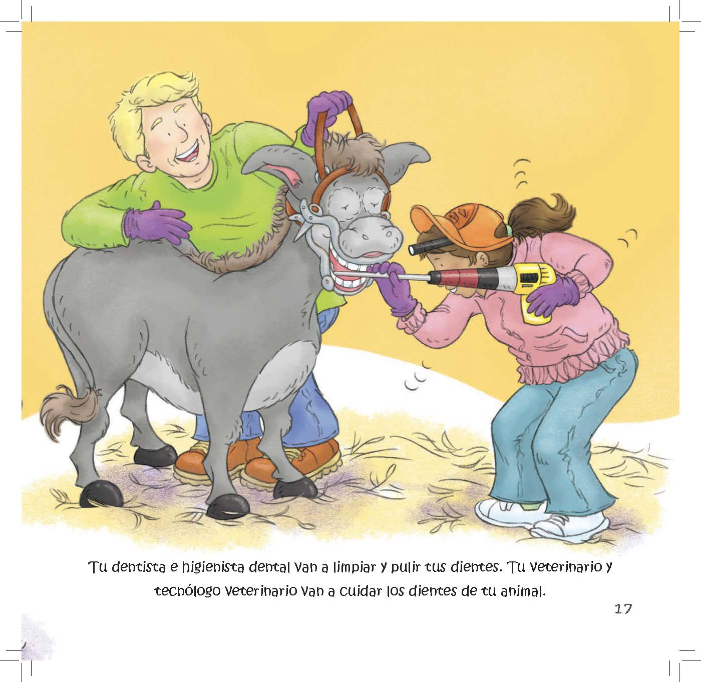 A veterinarian and technician clean a donkey’s teeth while a hygienist cleans a child’s teeth.