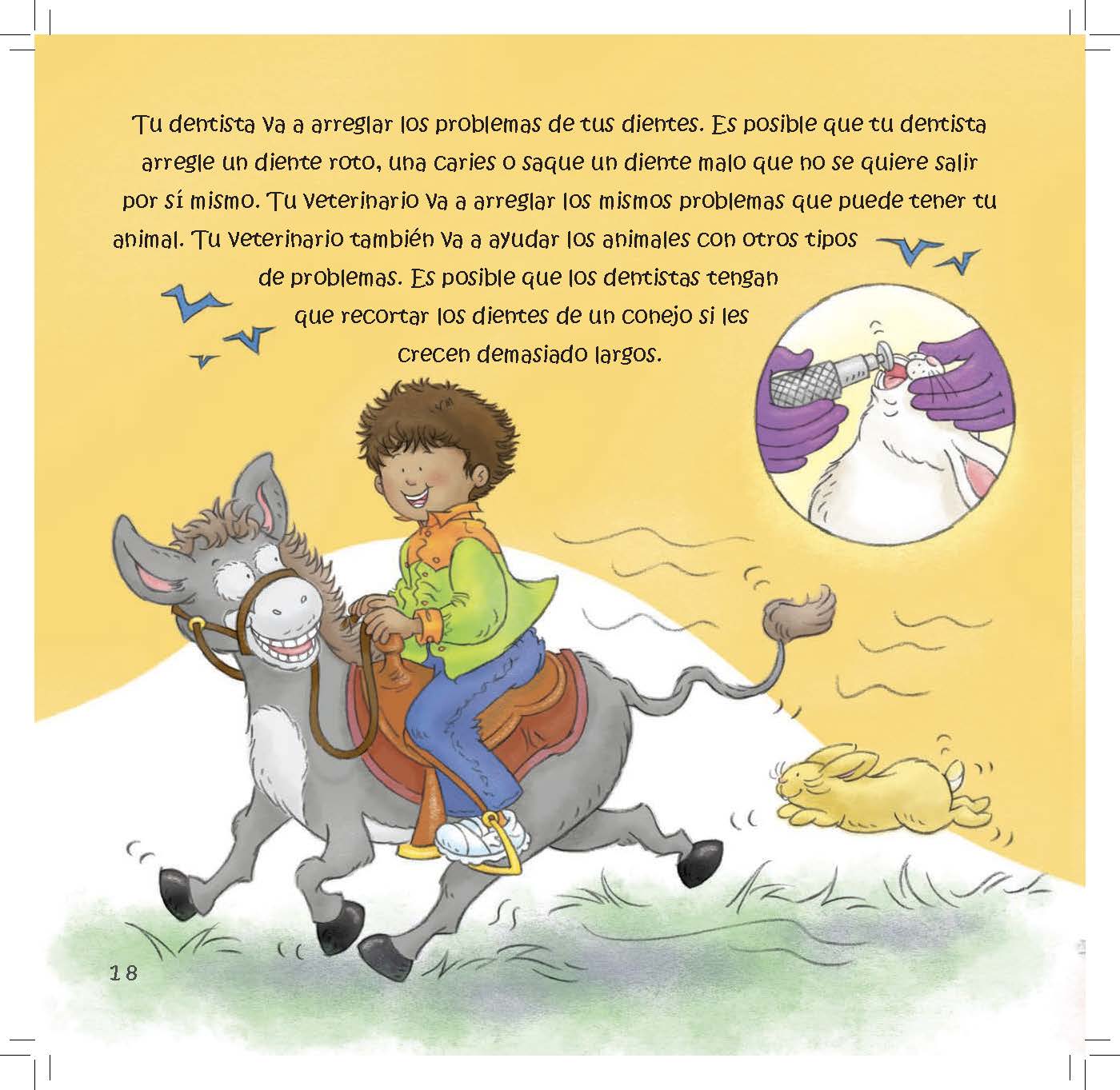 A boy rides a donkey while an inset illustration shows a veterinarian trimming a rabbit’s overgrown teeth.