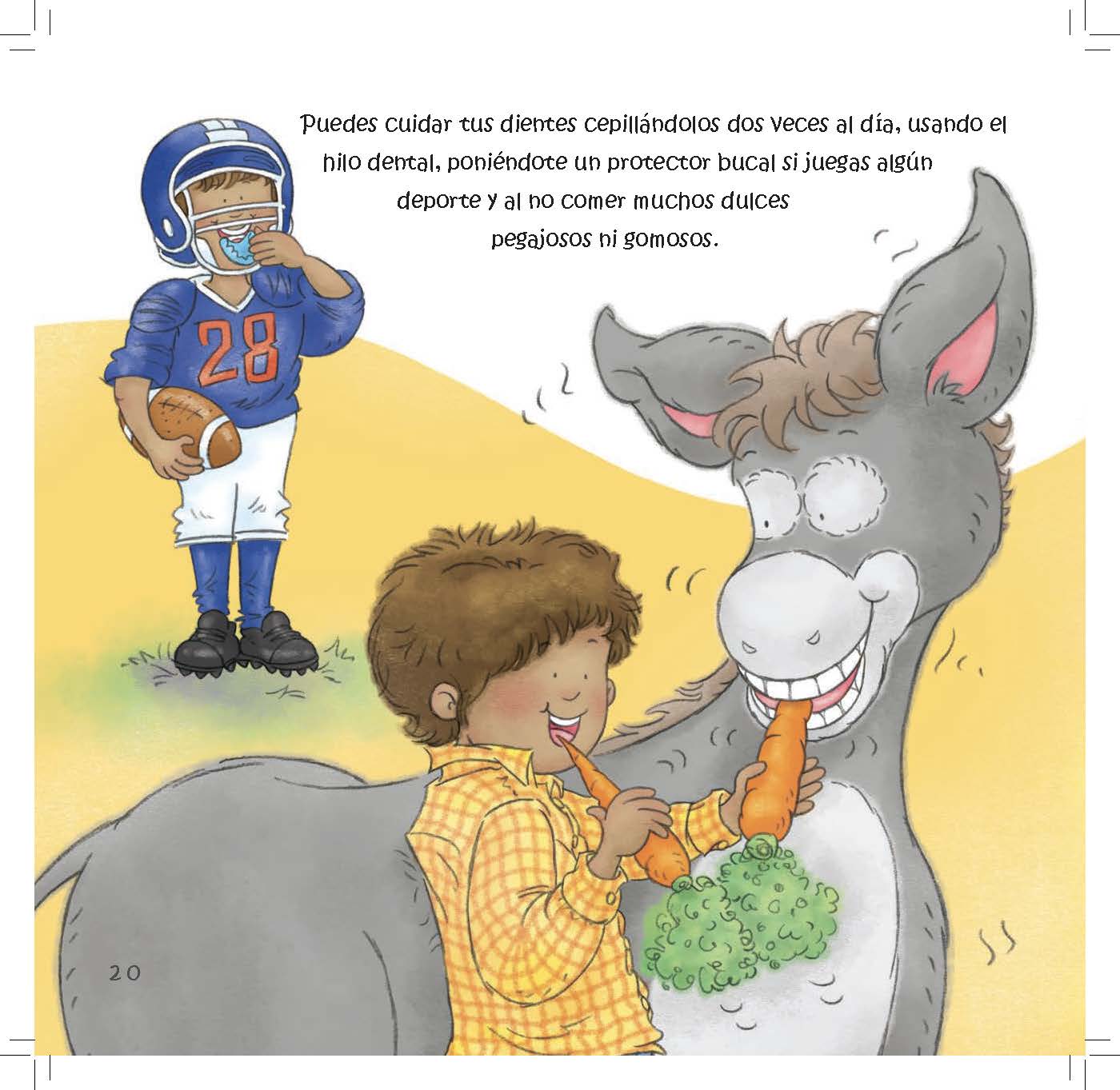 A boy feeds a donkey vegetables while another child wears a sports mouthguard to protect teeth.