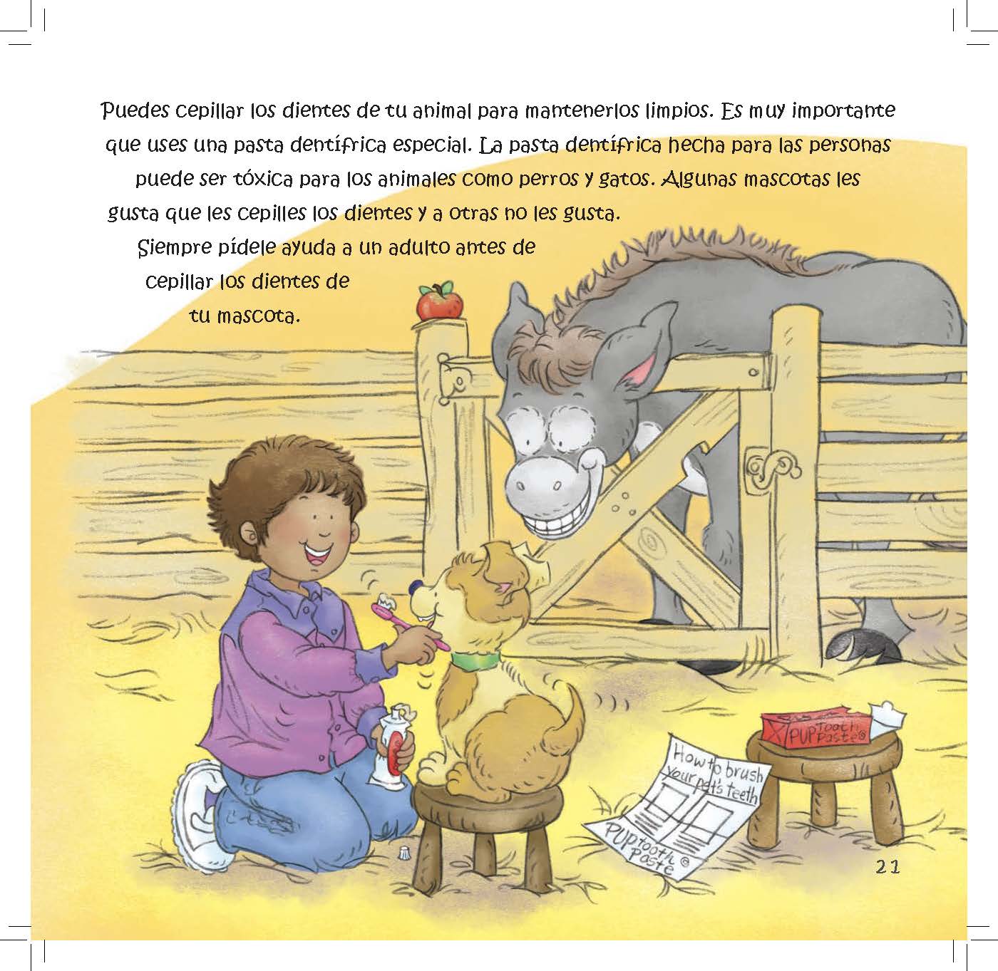 A child brushes a dog’s teeth using animal-safe toothpaste while a donkey watches.