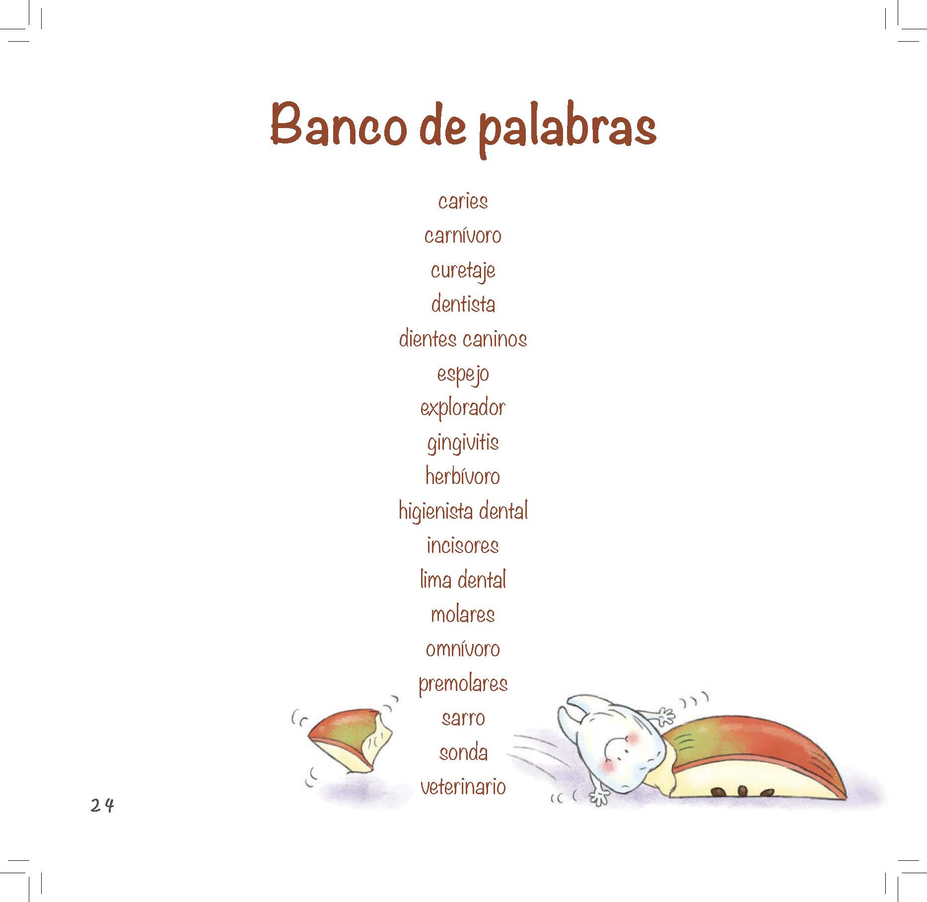 A glossary of dental vocabulary appears beside a cartoon tooth chewing food.