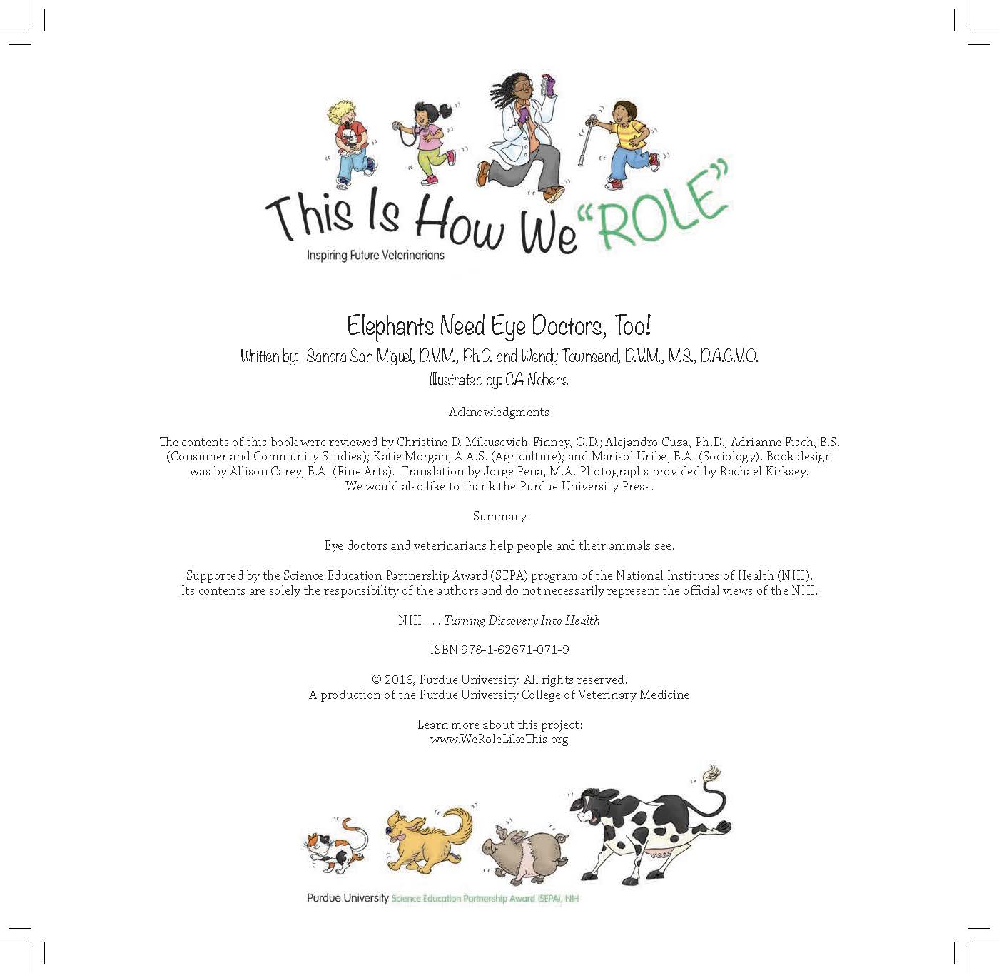 Text lists the book’s authors, acknowledgments, and summary about how eye doctors and veterinarians help people and animals see.