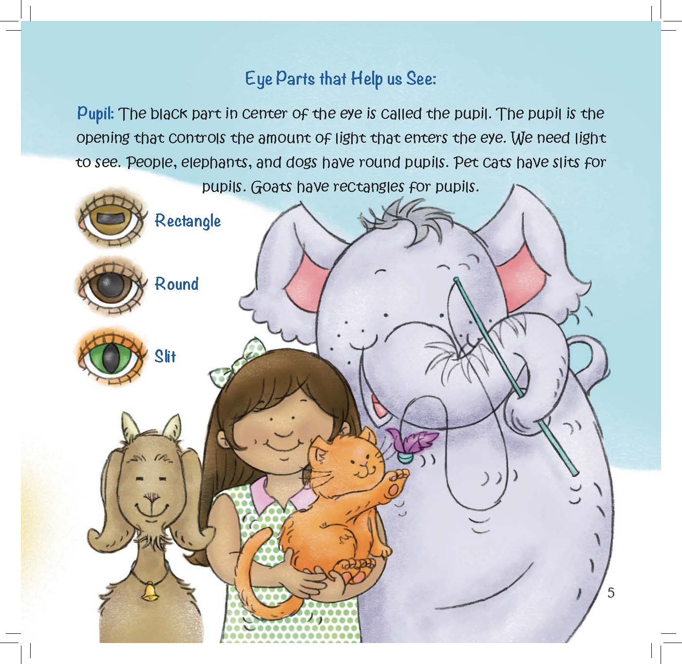 A girl holding a cat stands beside an elephant as different pupil shapes for goats, people, and cats are compared.