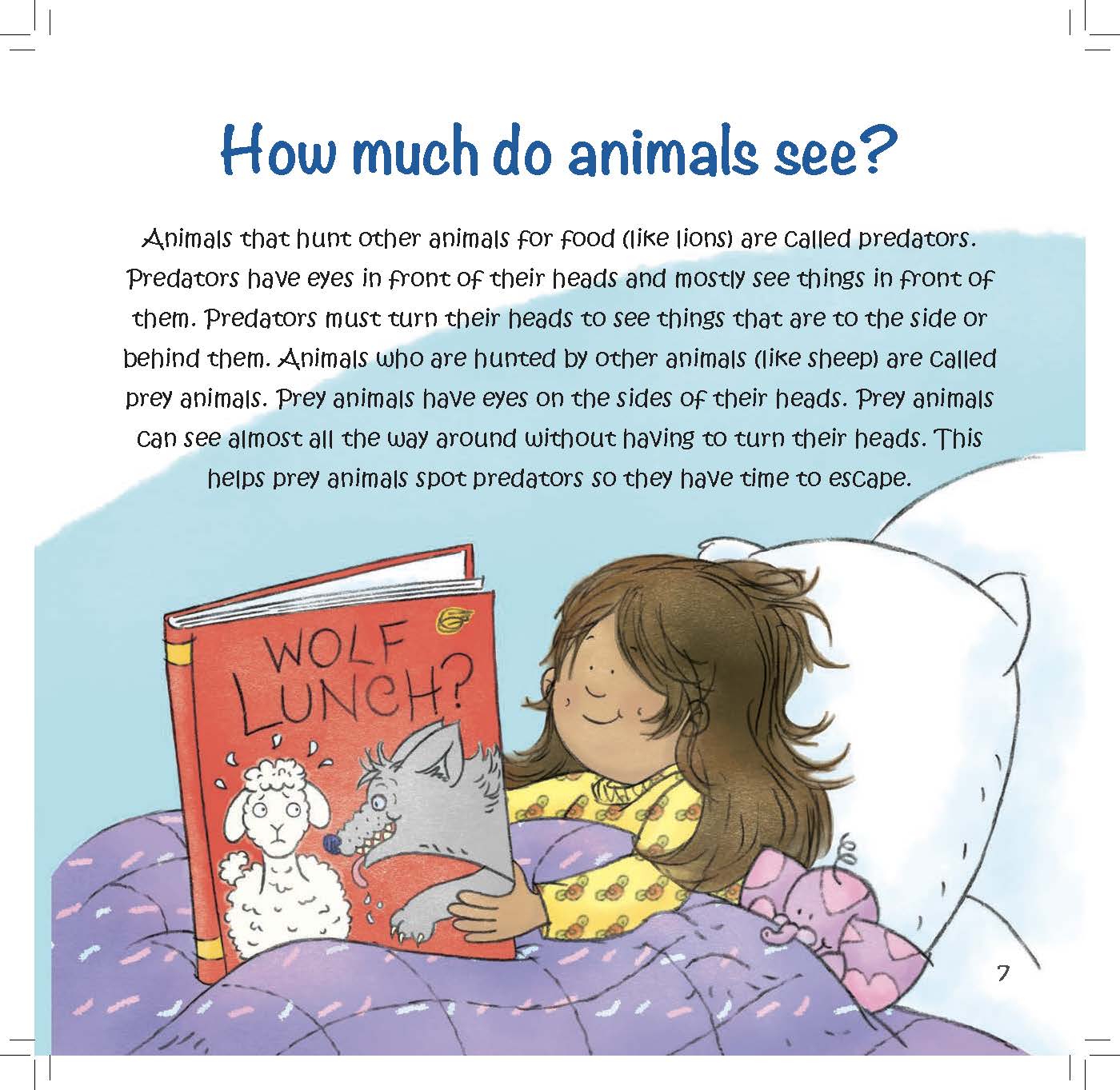 A girl reads a book in bed while text explains predator and prey eye placement and how it affects field of vision.