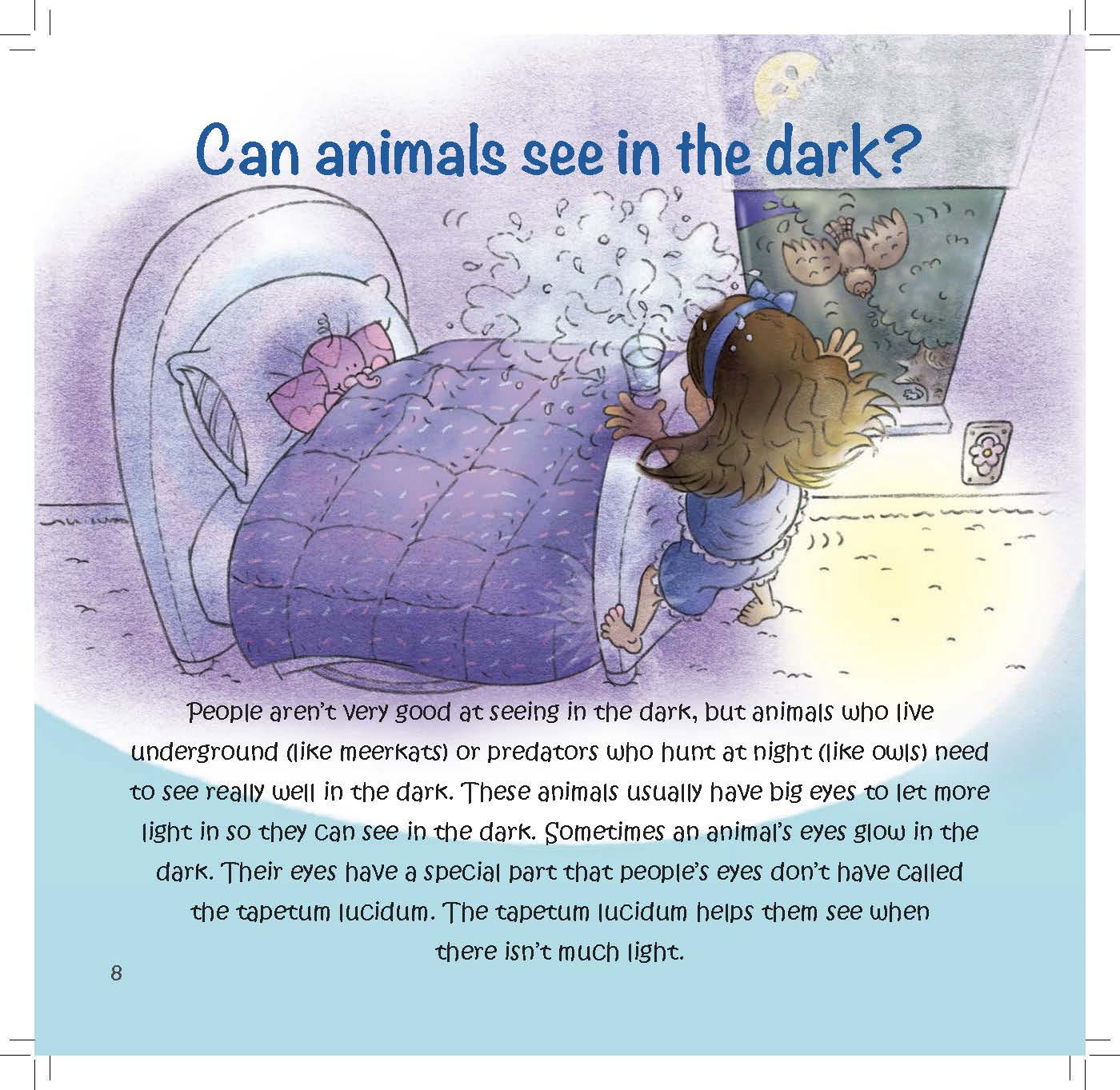 A girl in a dark bedroom looks toward glowing animal eyes as text explains the tapetum lucidum.