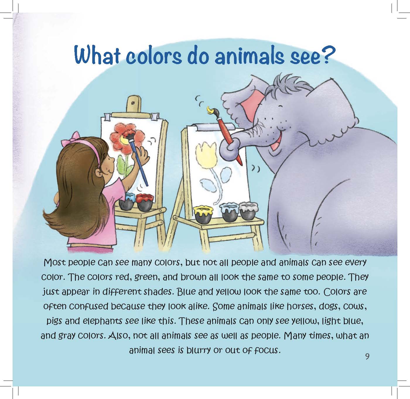 A girl and an elephant each paint pictures while the text explains that some animals see fewer colors than people