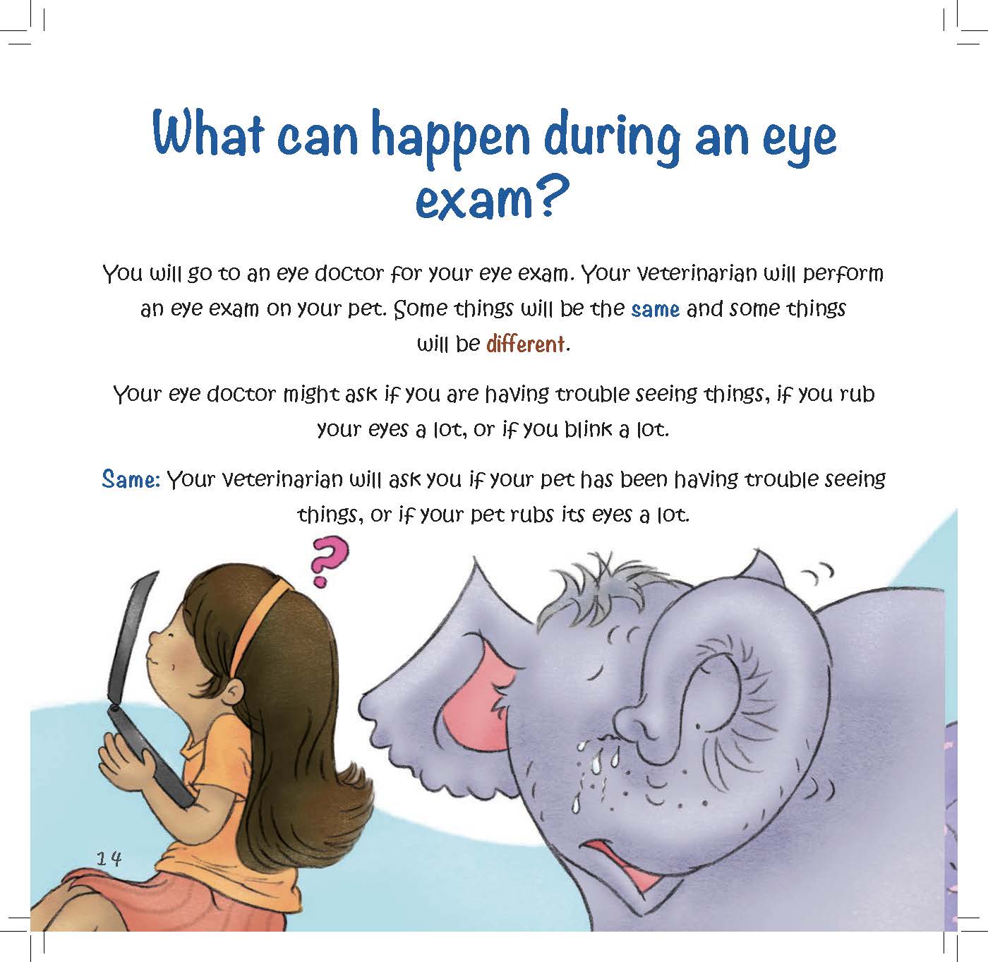 A girl points to her eye while an elephant squirms as the text compares questions asked by human eye doctors and veterinarians.