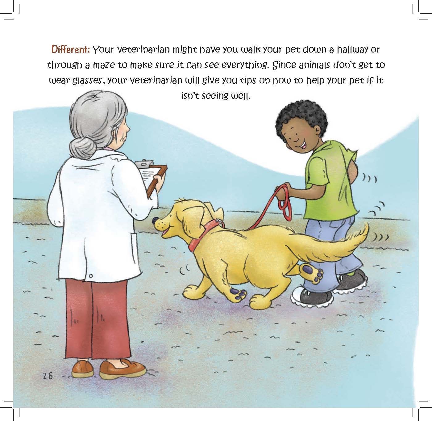 A veterinarian watches a boy walk his dog through a space to check how well it sees.