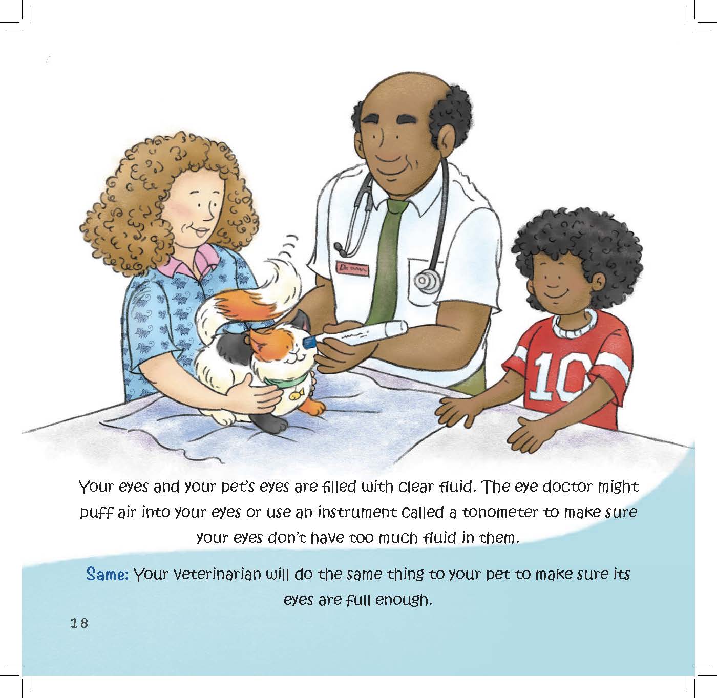 A veterinarian uses an instrument to check a cat's eye while a boy observes.