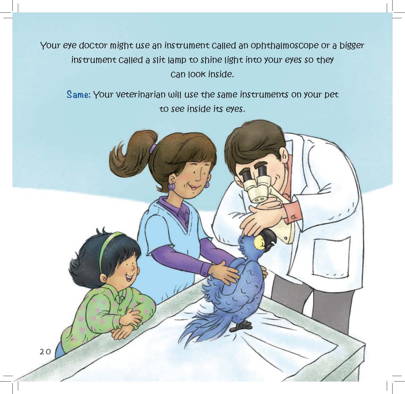 A veterinarian uses a slit lamp to examine a bird’s eye while a family watches.