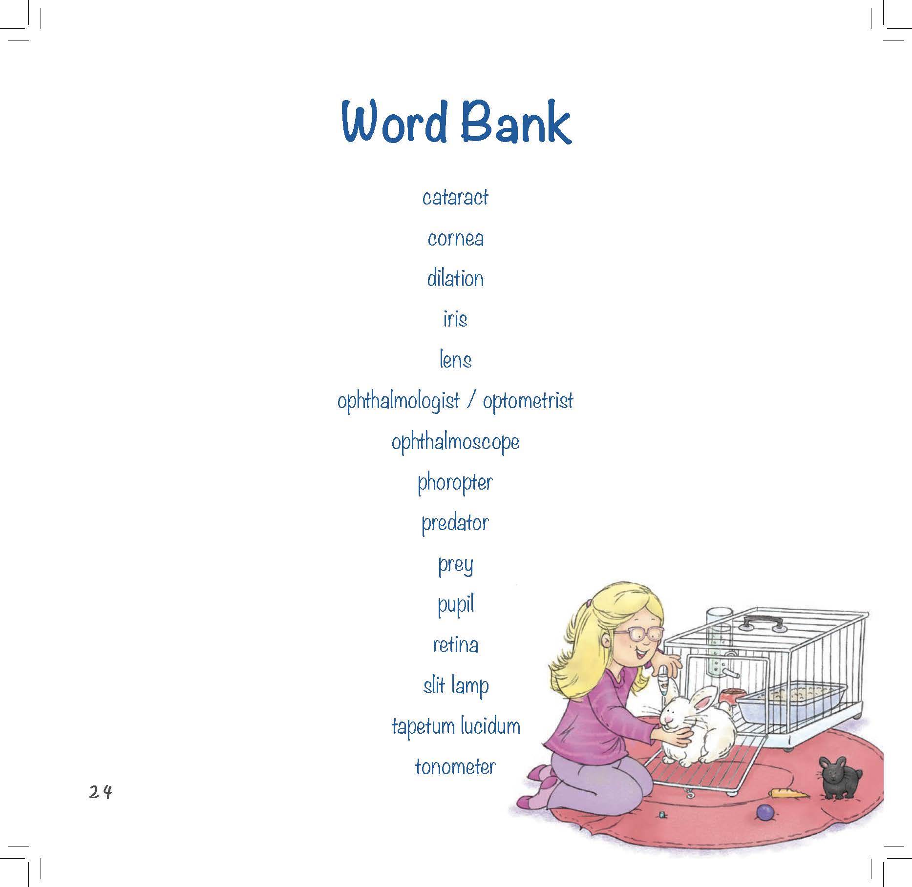 A vocabulary list about eye anatomy and tools appears beside a girl holding her pet rabbit.