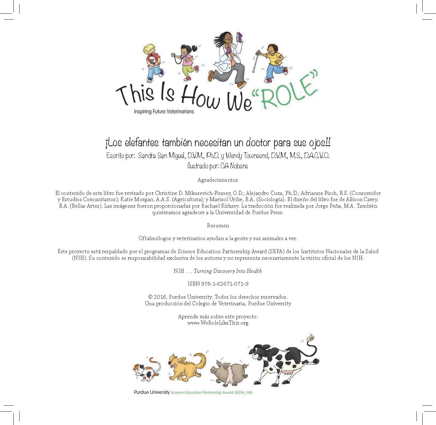 Text lists the book’s authors, acknowledgments, and summary about how eye doctors and veterinarians help people and animals see.