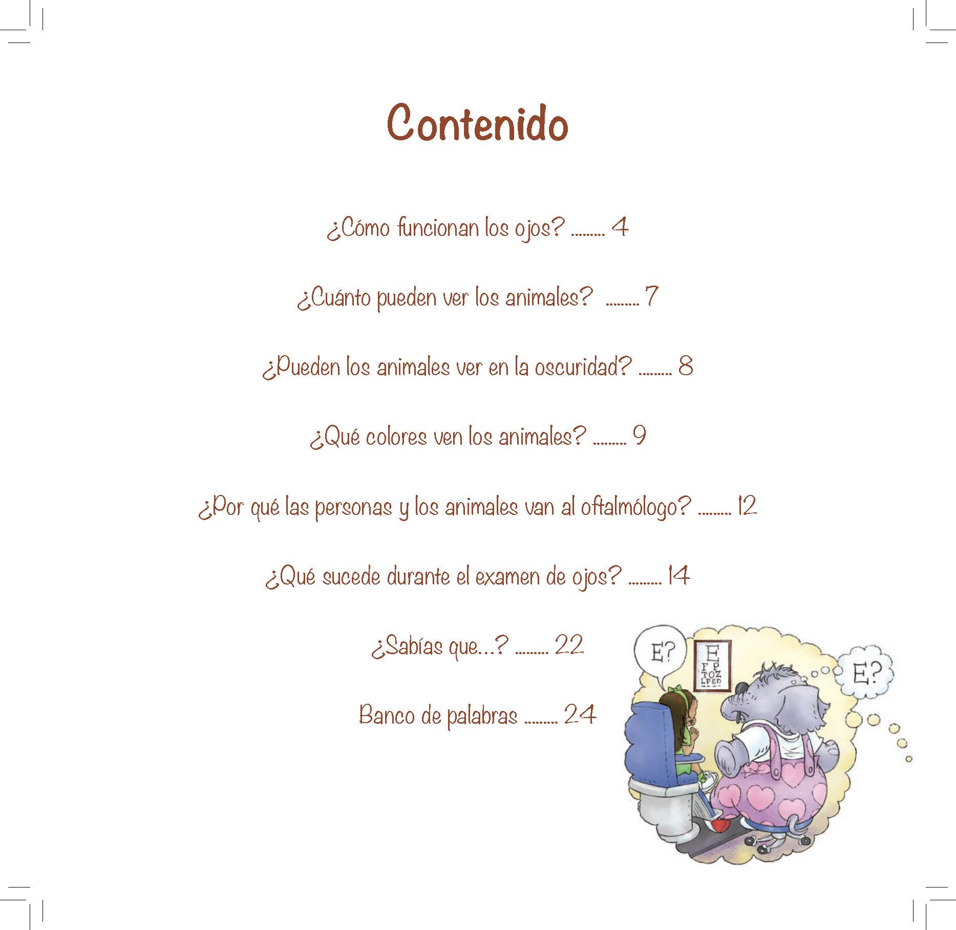 A list of chapter titles appears beside a small illustration of an elephant having its eyes checked.